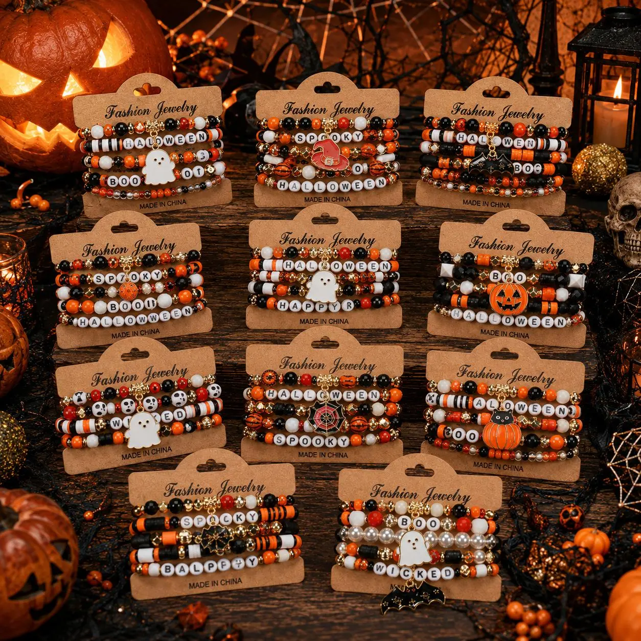 Halloween Multilayer Bracelets Set, 4Pcs/5Pcs/6Pcs Colorful Funny Pumpkin Ghost Spider Black Cat Pendants Beaded Bracelet Holiday Costume Jewelry Handmade Elastic Polymer Clay Beaded Bracelets Party Supplies Gift