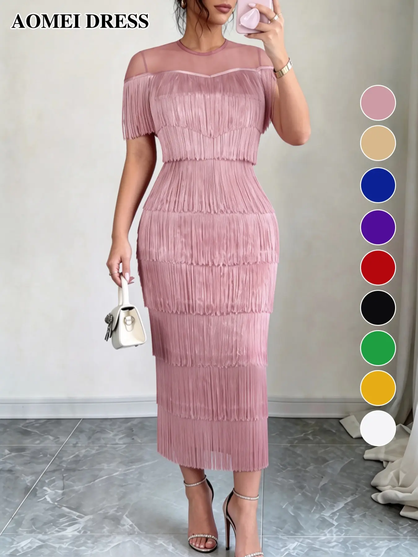 AOMEI DRESS Elegant Chic Women's Tassel Patchwork Mesh Sheer High Waist Bodycon Party Long Dress, Perfect for Celebrations, Balls, and Formal Events