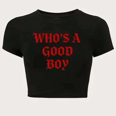 Women's "WHO'S A GOOD BOY" Slogan Print Round Neck Crop Tee, Fashion Casual Streetwear Crew Neck T-shirt for Daily Holiday Vacation Outdoor Wear, Ladies Clothes for Summer