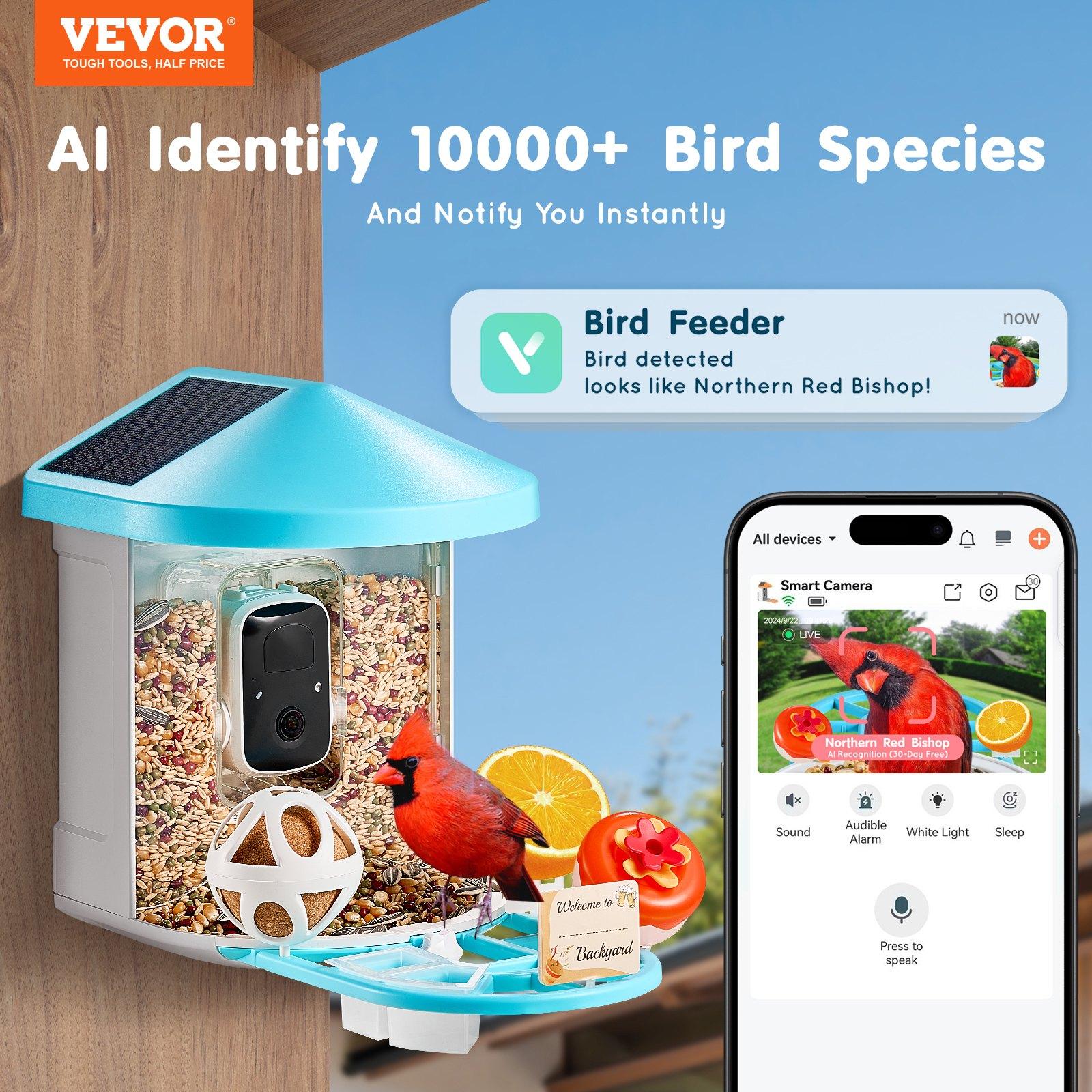 fathersdaygift VEVOR Smart Bird Feeder with Camera, 2K HD AI Identify 10000+ Bird Species, Solar-Powered Bird Watching Camera with Auto Capture Instant Notify, Wireless Outdoor Gift for Bird Lover (2 Solar Panels)
