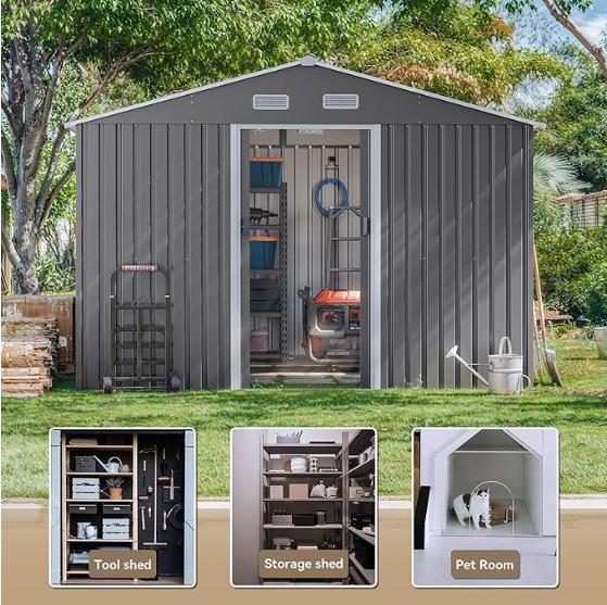 [2/3 packages delivery] Kullavik Outdoor Storage Shed 10“×8”, Waterproof Metal Tool Shed with Door,Ramp Plate for Outside,Garden,Backyard,Patio