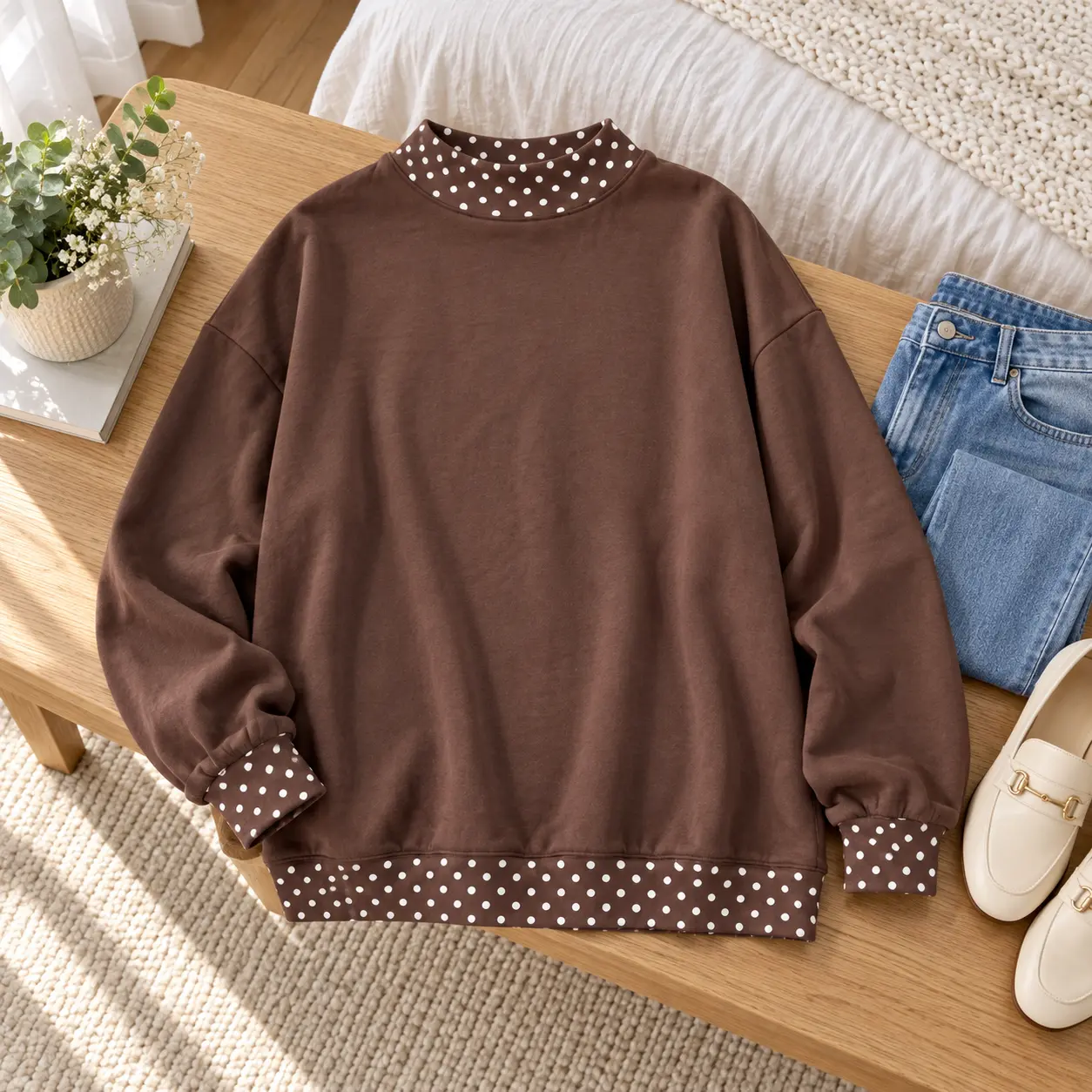 Women’s Oversized Brown Pullover Sweatshirt, White Polka Dot Mock Neck Top with Matching Cuffs and Hem, Relaxed Drop Shoulder Long Sleeve Casual Shirt for Fall Outfits, Work, Travel, Weekends and Daily Wear, XS–XXXL