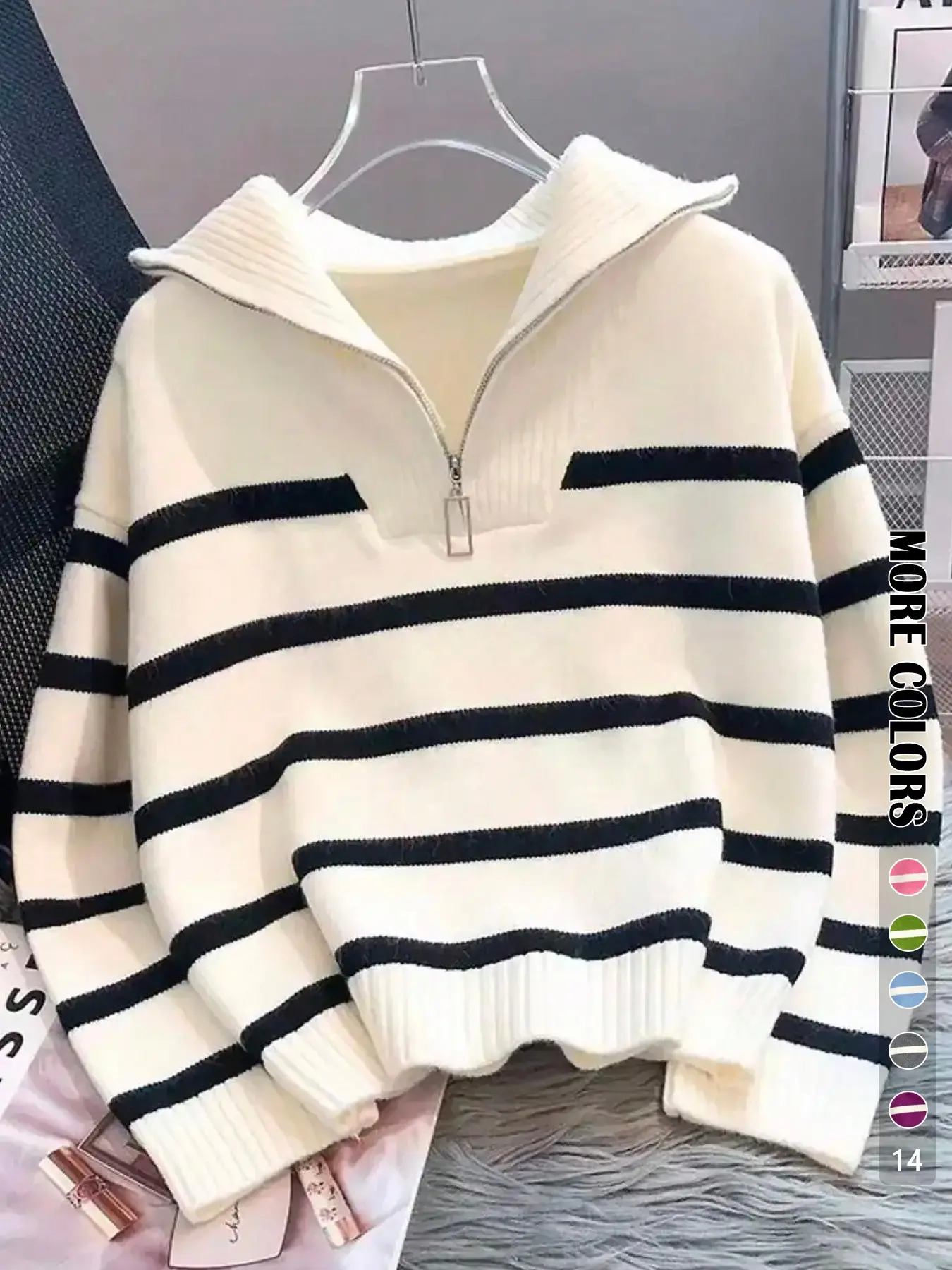 【Plus Size】 Women's Fall Winter New Arrival Zipper Striped Pullover, Fashionable Simple Crew Neck Knitwear, Casual Loose Fit Long Sleeve Top