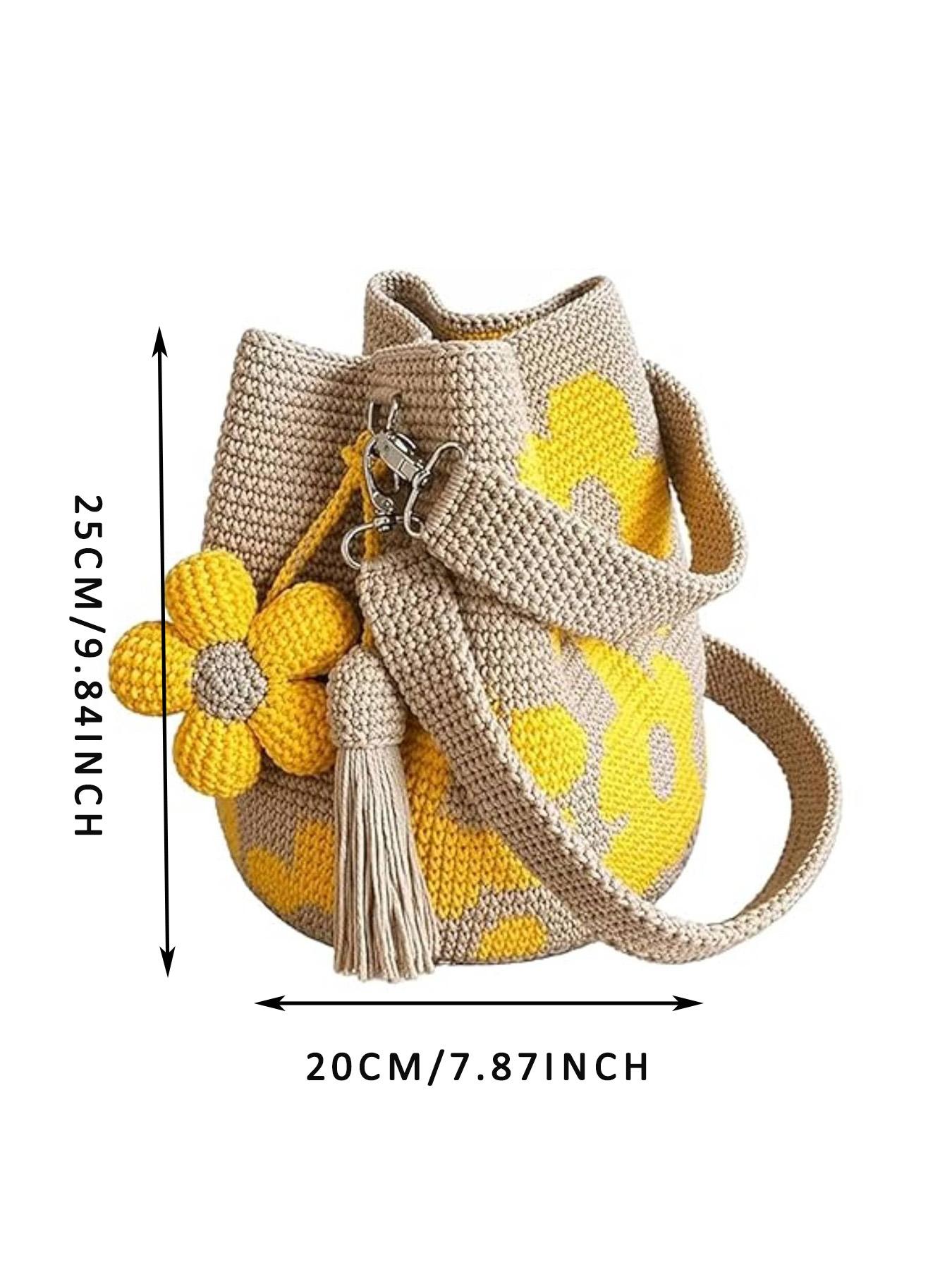 Handmade Crochet Flower Bucket Bag, Women's Mesh Knit Shoulder Bag, Cute Floral and Fringe Decor, Large Capacity, Fashionable, All Seasons, Hand Crocheted Bag