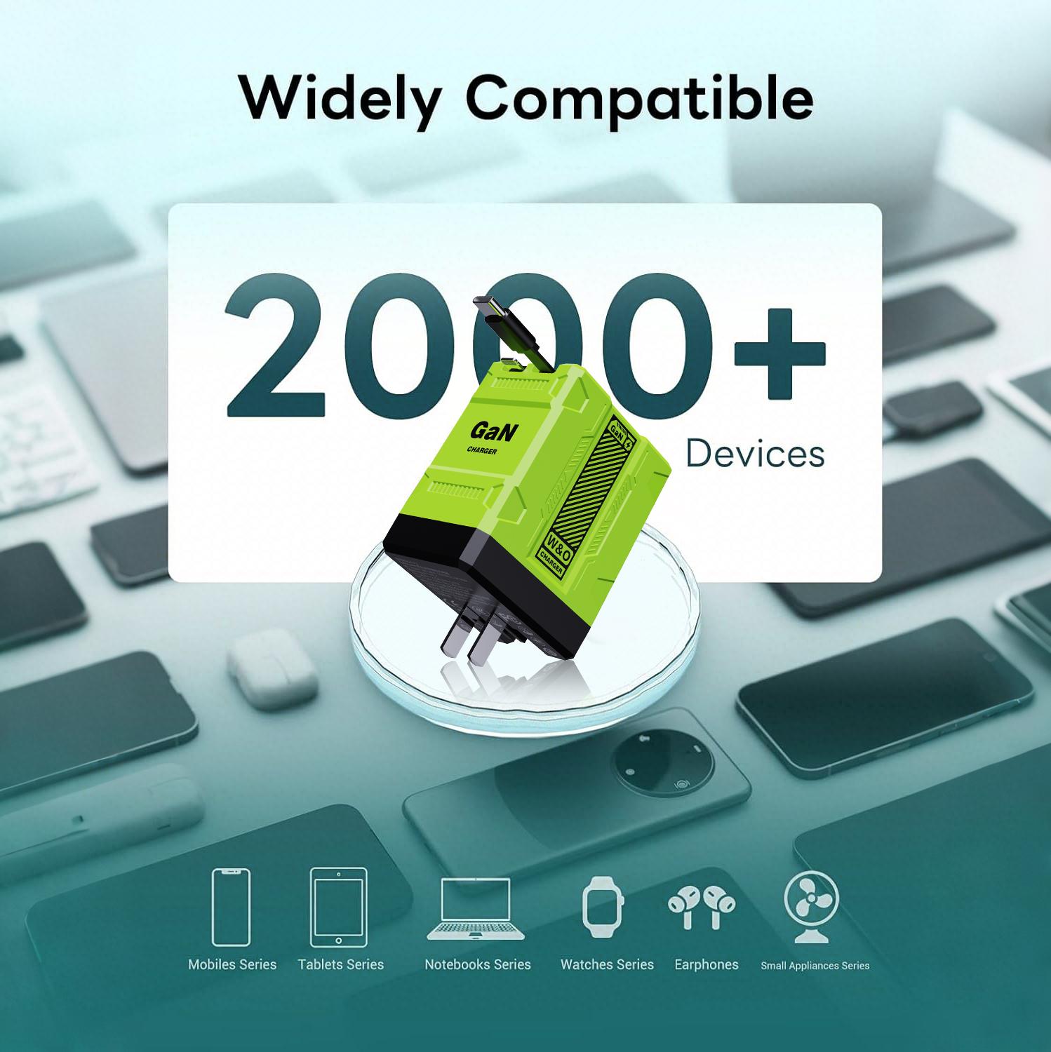 W&O Portable GaN Fast Charger,Compatible with 120W GaN Fast Charging  W/ Retractable 2 Cable (USB-C & Lightning) - Fast Charging for iPhone 15, Samsung, Gaming, Travel & Office - Universal Compact Travel Charger-Father's Day Gifts