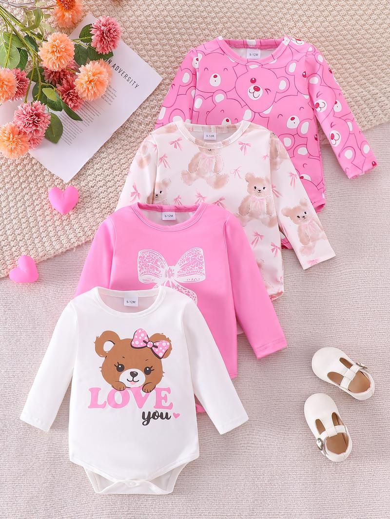 Baby Girls' Soft Comfortable Cartoon Bear & Bow Print Long Sleeve Onesies Set, Cute Sweet Fitted Above the Knee, 4 Pieces Baby Clothes Girl Spring Summer Fall Winter