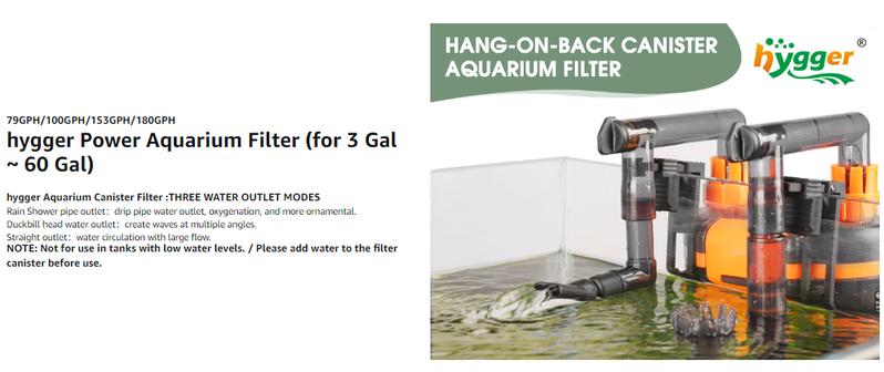 hygger Hang-On-Back Canister Aquarium Filter,No Dry Burning Quiet Fish Tank Filter with Duckbill Nozzle Shower Pipe Outlet Oil Skimmer Adjustable Water Flow 3 Types Filter Media（5W/6W/7W/8W fo 10-60 gal）