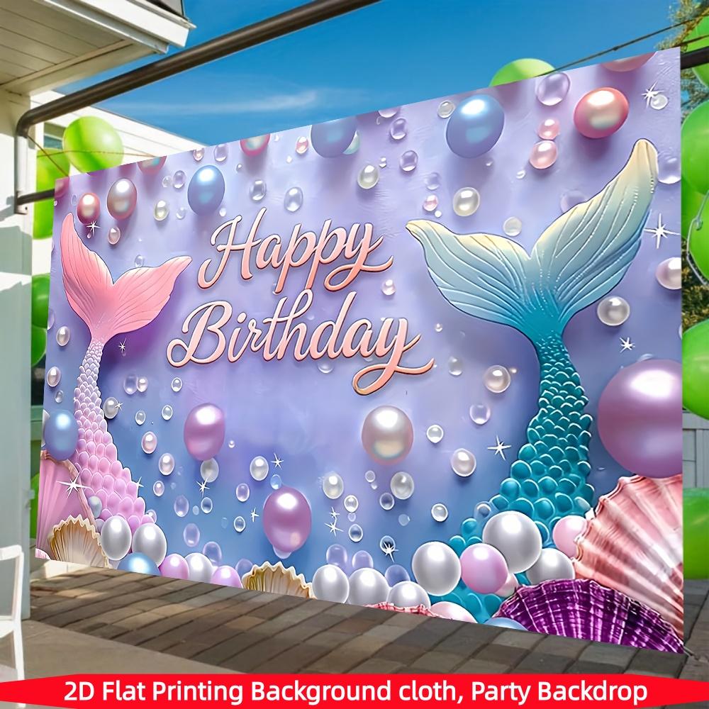 Mermaid Theme Birthday Banner, 2D Polyester Backdrop, Happy Birthday Underwater Fairy Tale Party Banner, Girl Child Photo Decoration
