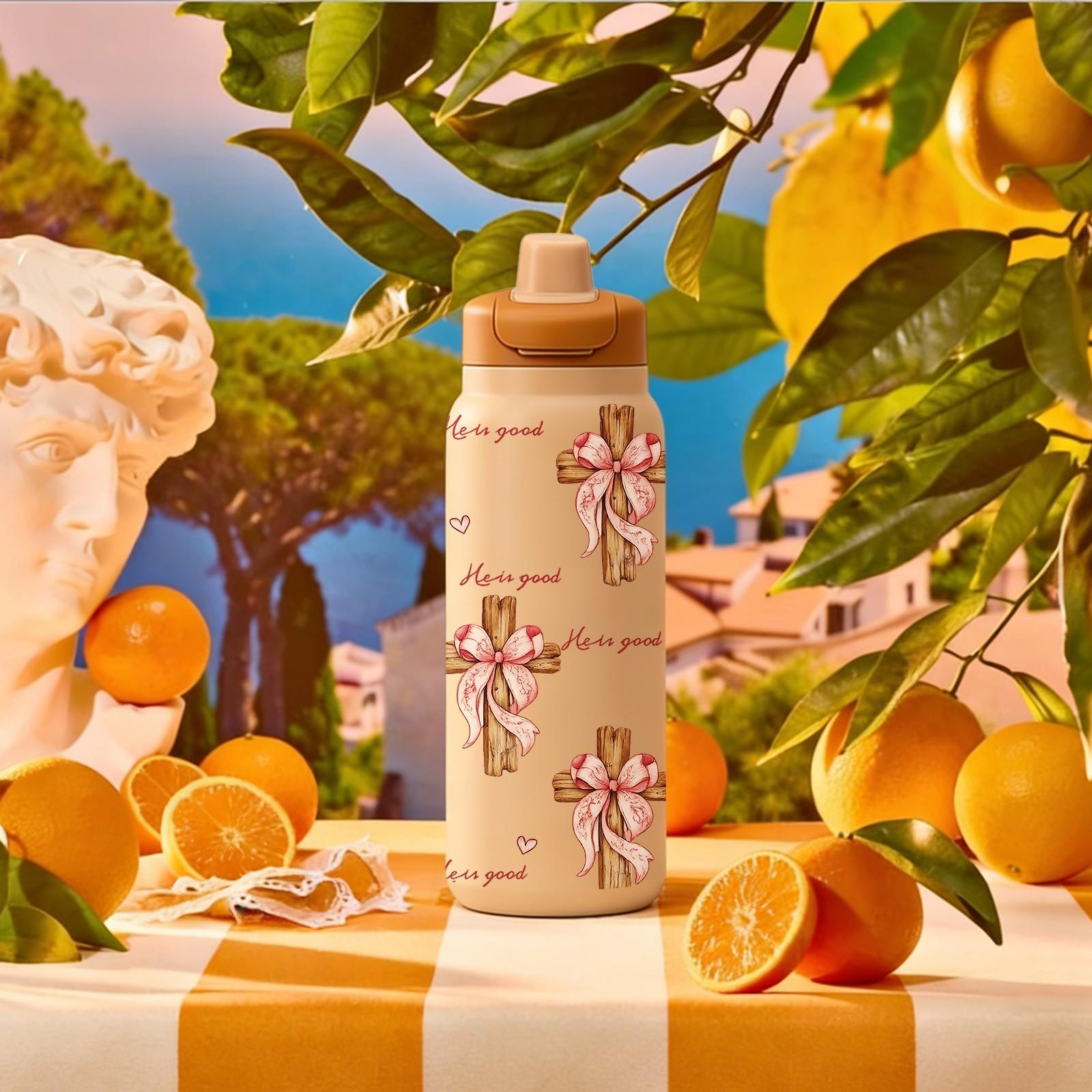 40oz Christian Faith Insulated Mug with Handle and Straw Lid, He Is Good Cross and Pink Bow Print, Double Wall Vacuum Thermal Mug for Hot and Cold Drinks, Large Capacity Car Travel Mug, Ideal Gift for Church Friends and Believers Tumbler