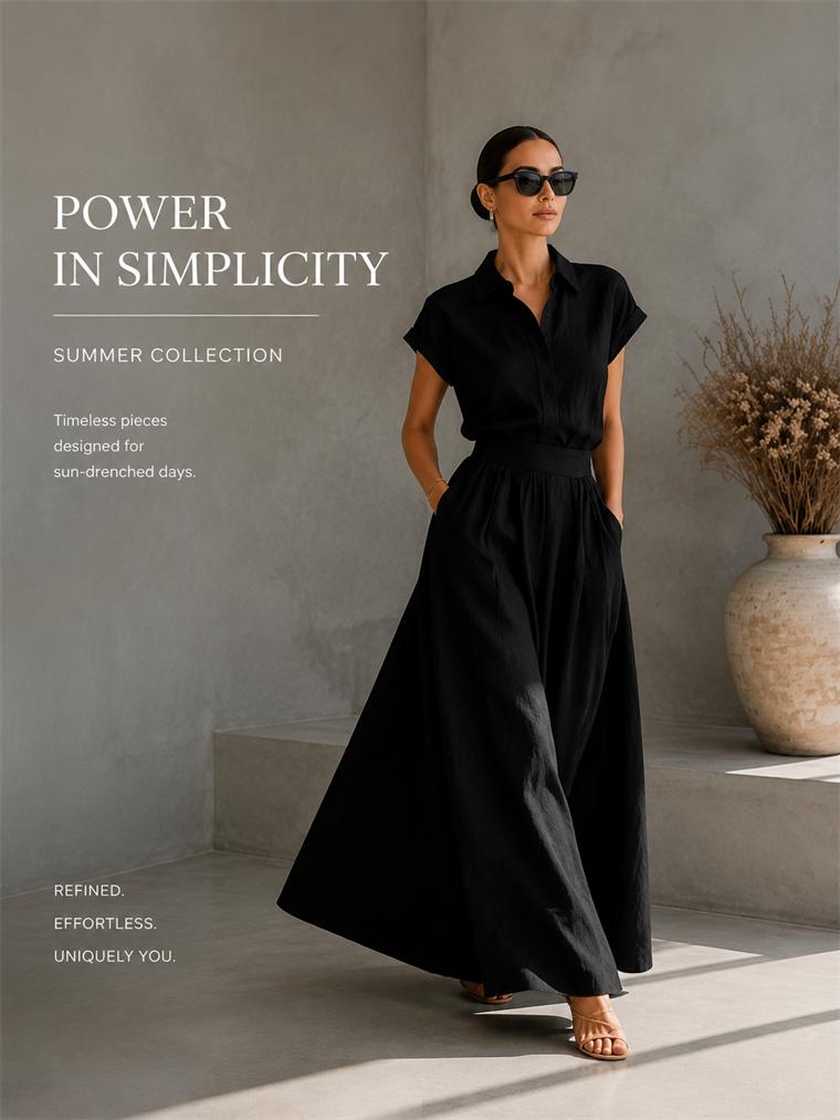 Women's Cotton-Linen Blend 2-Piece Set - Collared Neck Short-Sleeve Button-Down Shirt, High-Waist Loose-Fit Wide-Leg Pants, Elegant Minimalist Outfit for Summer Vacation, Dry Cleaning Compatible
