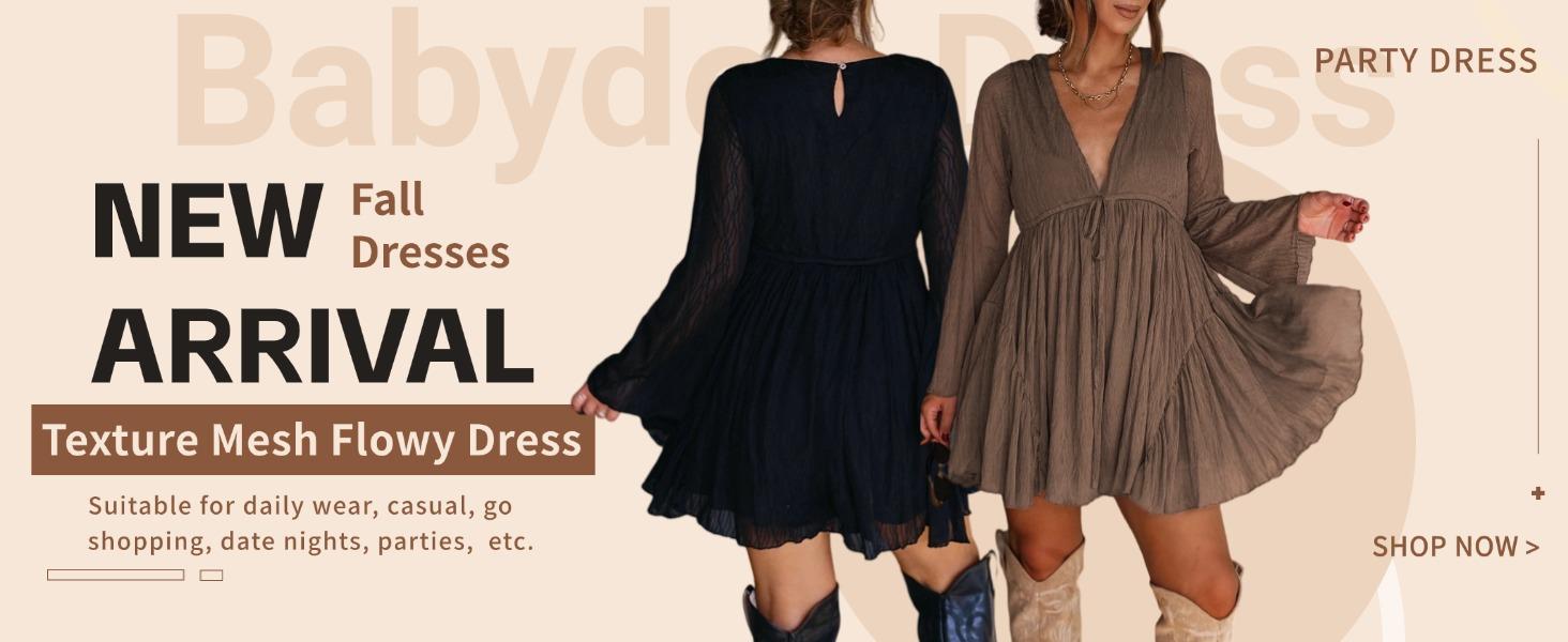 Women's V Neck Long Sleeve Dress with Pants Lining, Vintage Elegant Casual Spring Fall Mini Dress, Loose Fit Plain Pattern