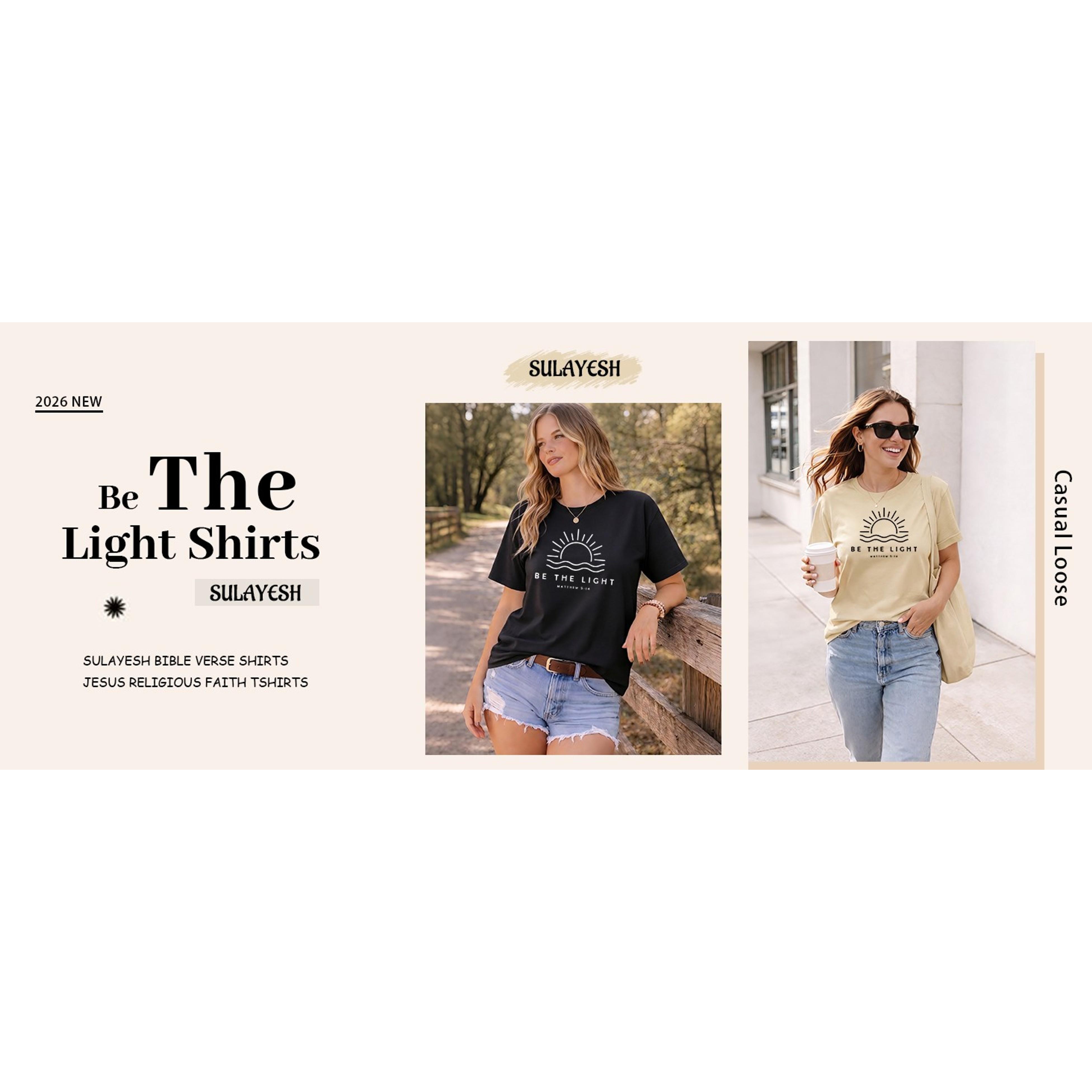 Women's Casual Cotton Fabric Short-Sleeve Christian "Be The Light" Bible Verse Inspirational Religious T-Shirt Tops, Graphic, Day, Comfortable, Breathable