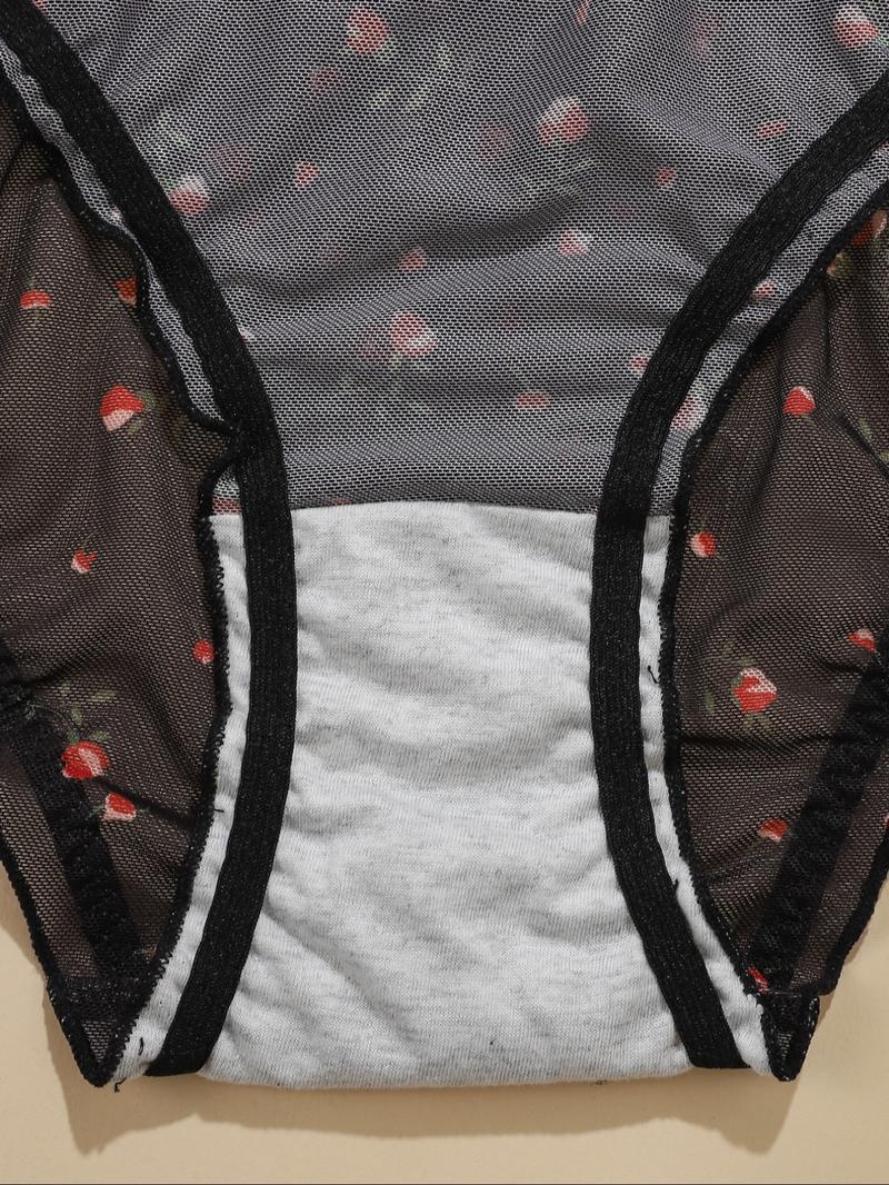 【Plus Size】 Floral Print Panty, Breathable Comfortable Panties for Daily Wear, Women's Underwear for All Seasons, Fashion Comfy Underwear