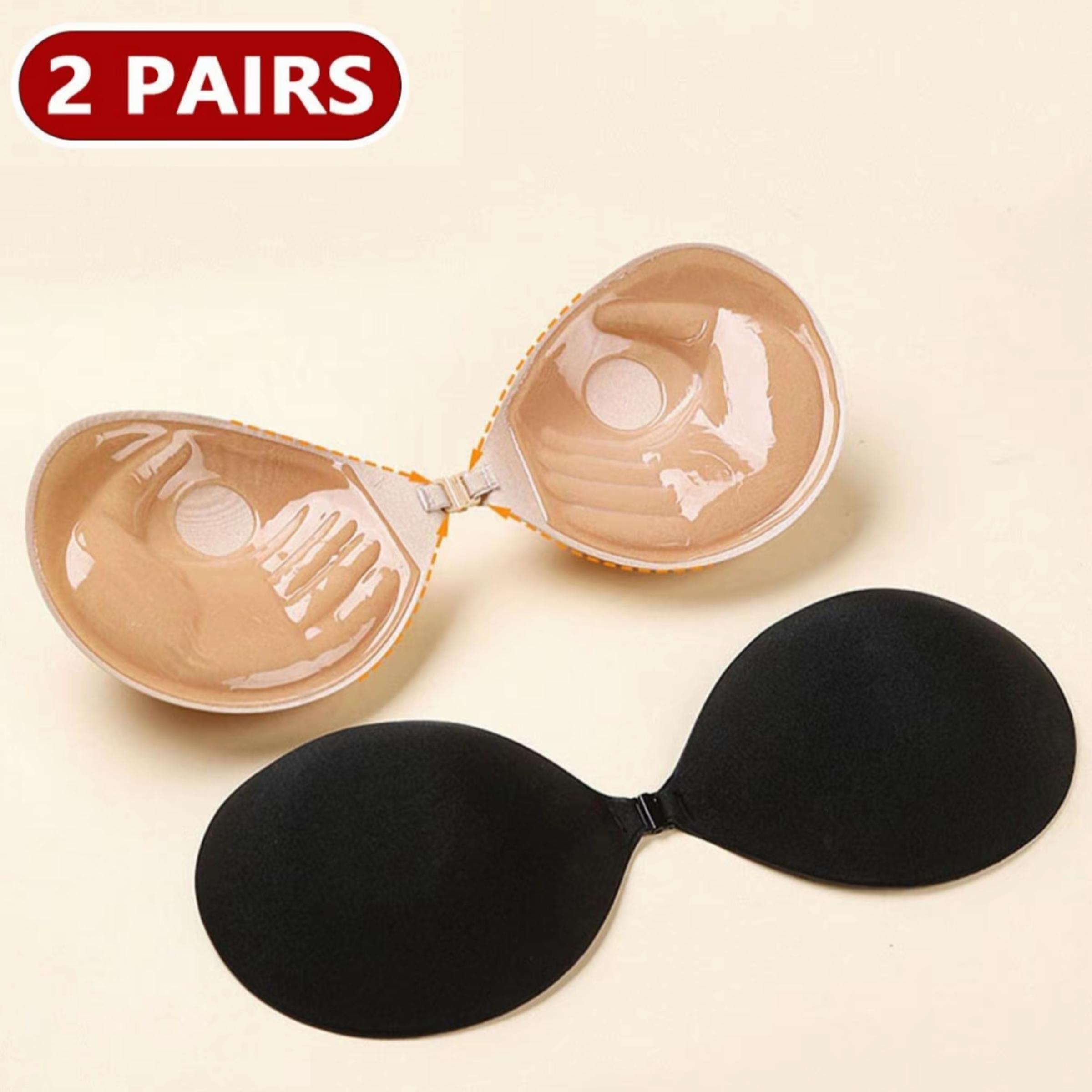 2 Pairs Front Buckle Push Up Invisible Adhesive Bra, Strong Adhesive Anti Slip Gathering Bust Lifter Strapless Nipple Covers Black & Nude For Wedding Party Evening Dress Daily Outfit Front Pushup Non Slip Bra