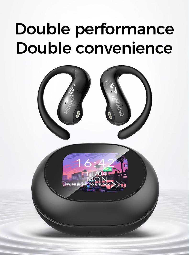 MINISO MS188 LCD Wireless Bluetooth Earbuds,OWS Open Ear Headphones with Mic,Full Color Display Charging Case Headsets, Earphones with Earhooks  Christmas gifts