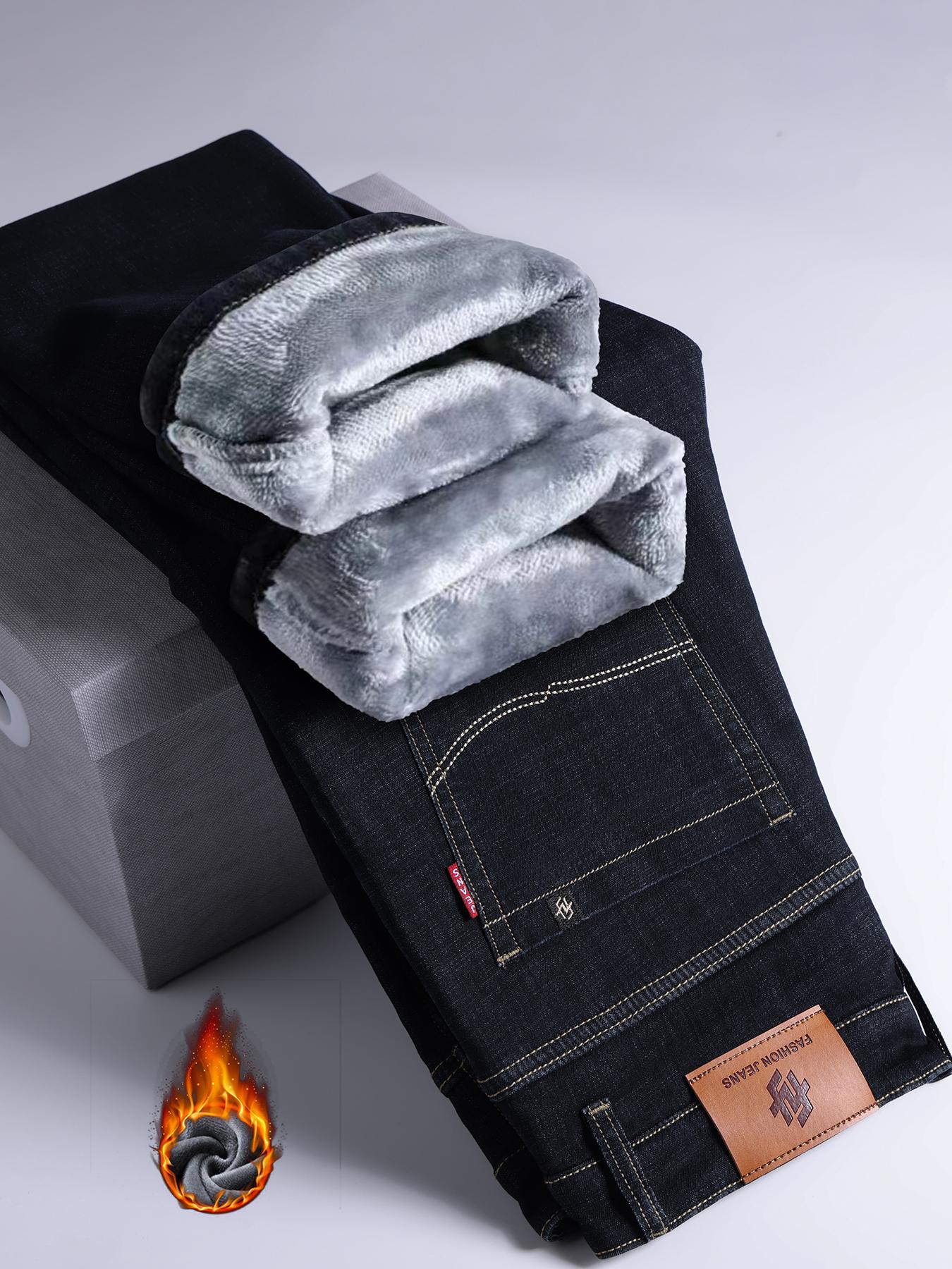 Men's Thickened Winter Fleece Jeans, Classic Loose Straight Leg High Waist Casual Elastic Pants, Warm Long Denim Trousers for Fall & Winter, Fashion Jean Bottoms