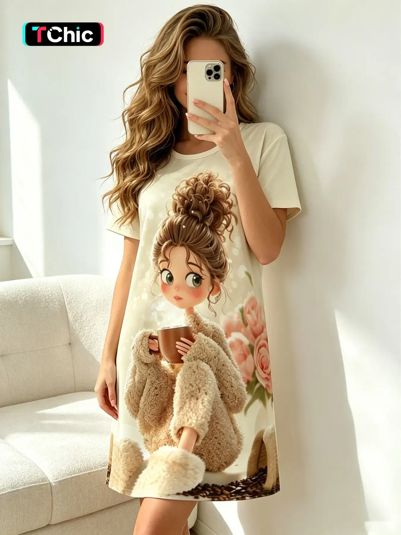 Women's Breathable Short Sleeve Round Neck Nightgown, Loungewear, Spring & Summer Wear, Morning Vibe Style Cartoon Girl Print, Loose Fit, Suitable for Daily Home Wear, Casual Outings and Home Office