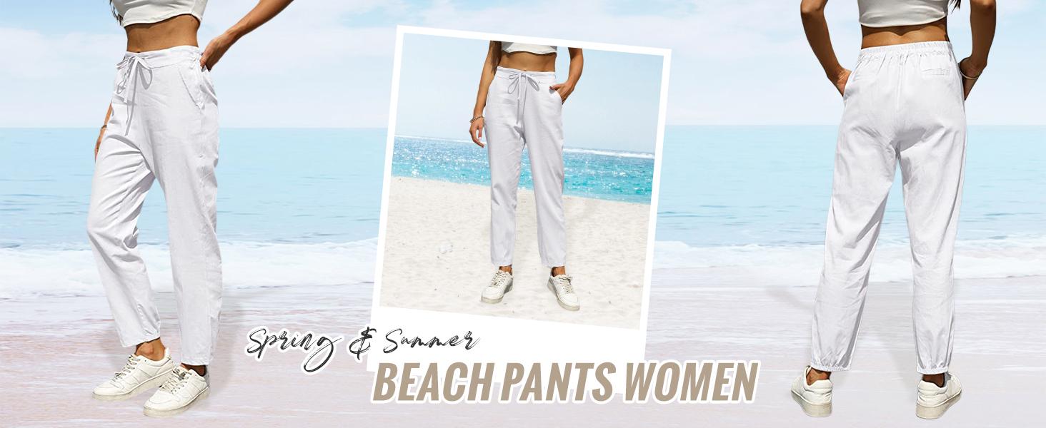 Tanming Women's Linen Pants Casual High Waisted Drawstring Beach Trousers Elastic Waist Tapered Bottoms Basic Style Comfortable Lightweight Cotton Linen Blend