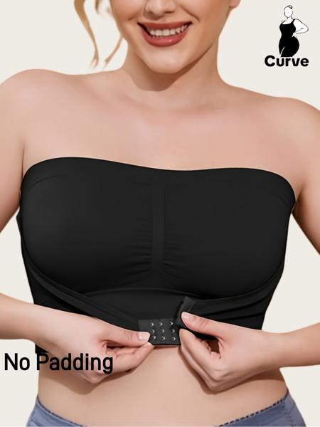 【Plus Size】 Solid Color Push Up Strapless Bra, Women's Comfortable Breathable Soft Bra,Front Chest Buckles Design,Women's Lingerie for All Seasons,Ladies Knitted Underwear For Daily or any Occasion