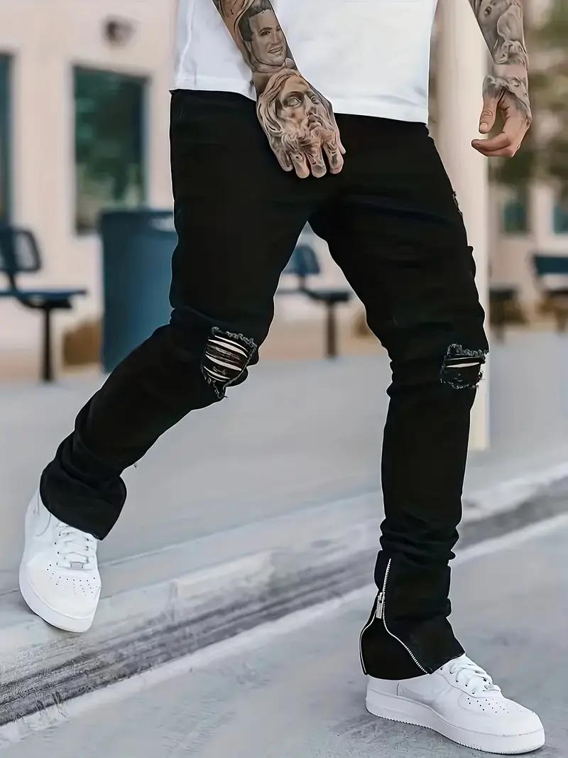Men's black fashion jeans, ripped and ripped stretch denim trousers, comfortable and casual street jeans  Personalized Menswear