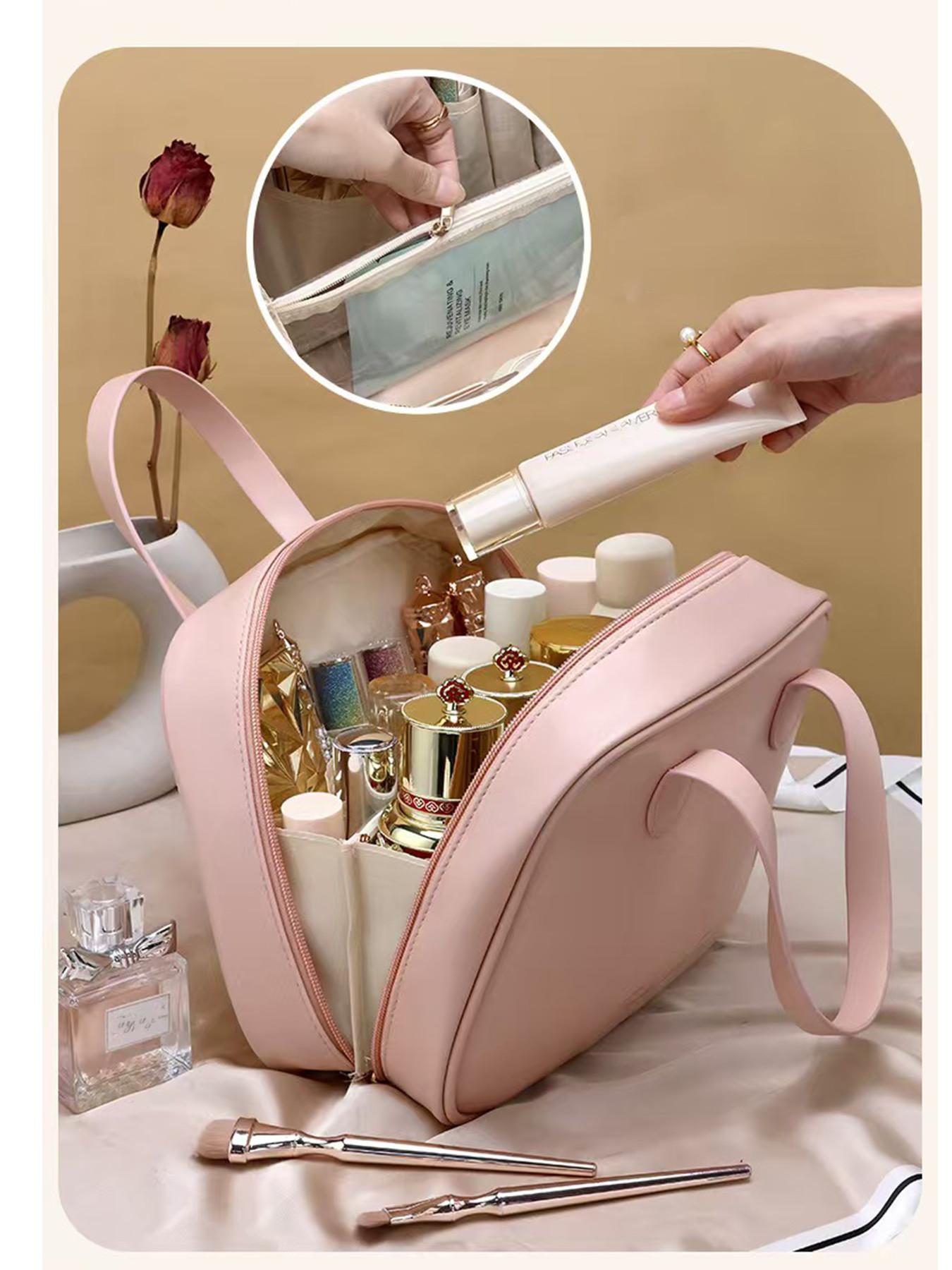High-End PU Makeup Bag, Large Capacity Travel Cosmetic Organizer, Multi-Functional Bathroom Storage, Portable Partitioned Washbag