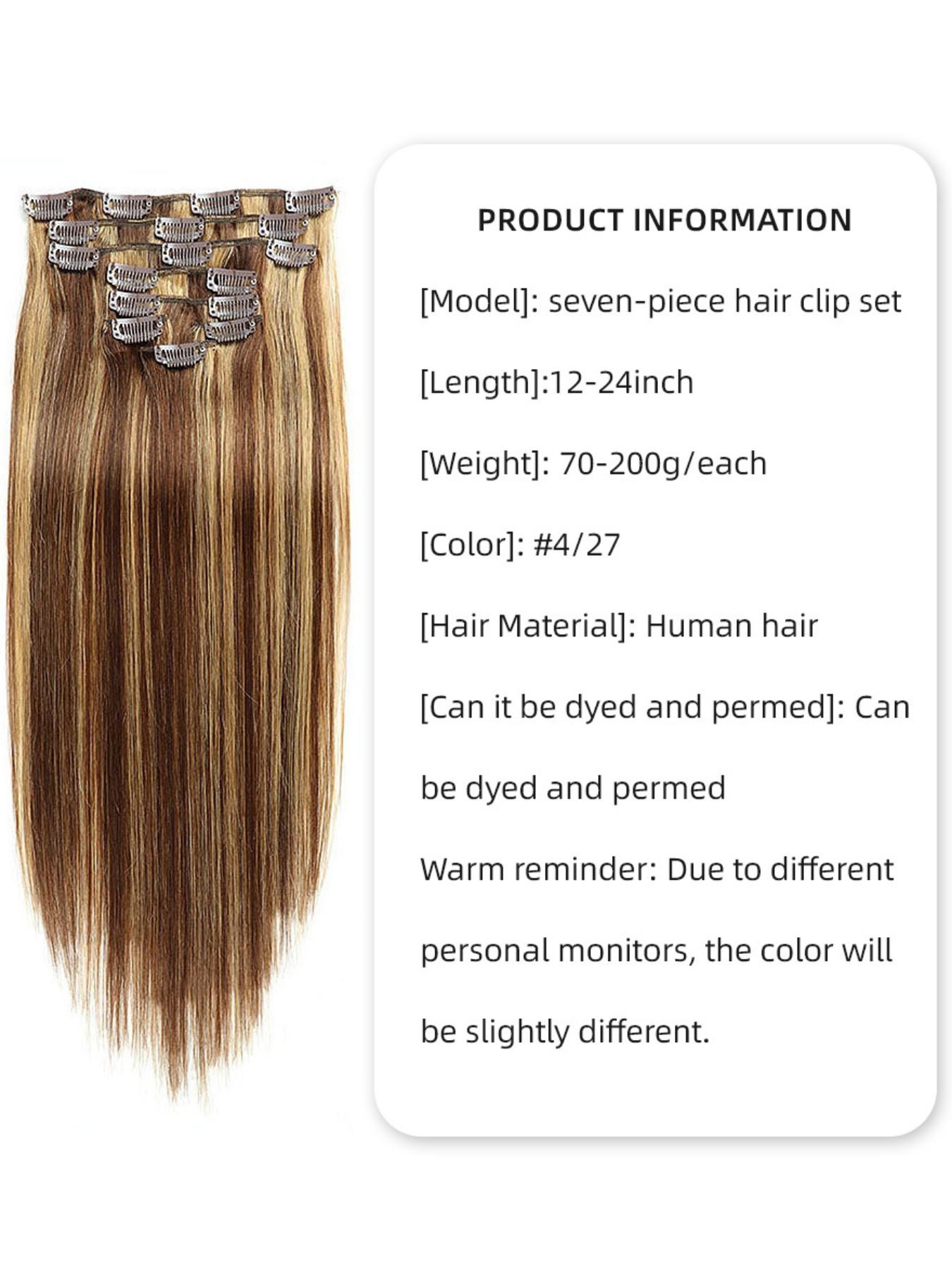 100% Human Hair Extensions, 14-24 Inches Natural Color, Invisible Clip-In Hair Pieces, Women's Hair Extension Set, Real Hair Clips, Straight Natural Hair