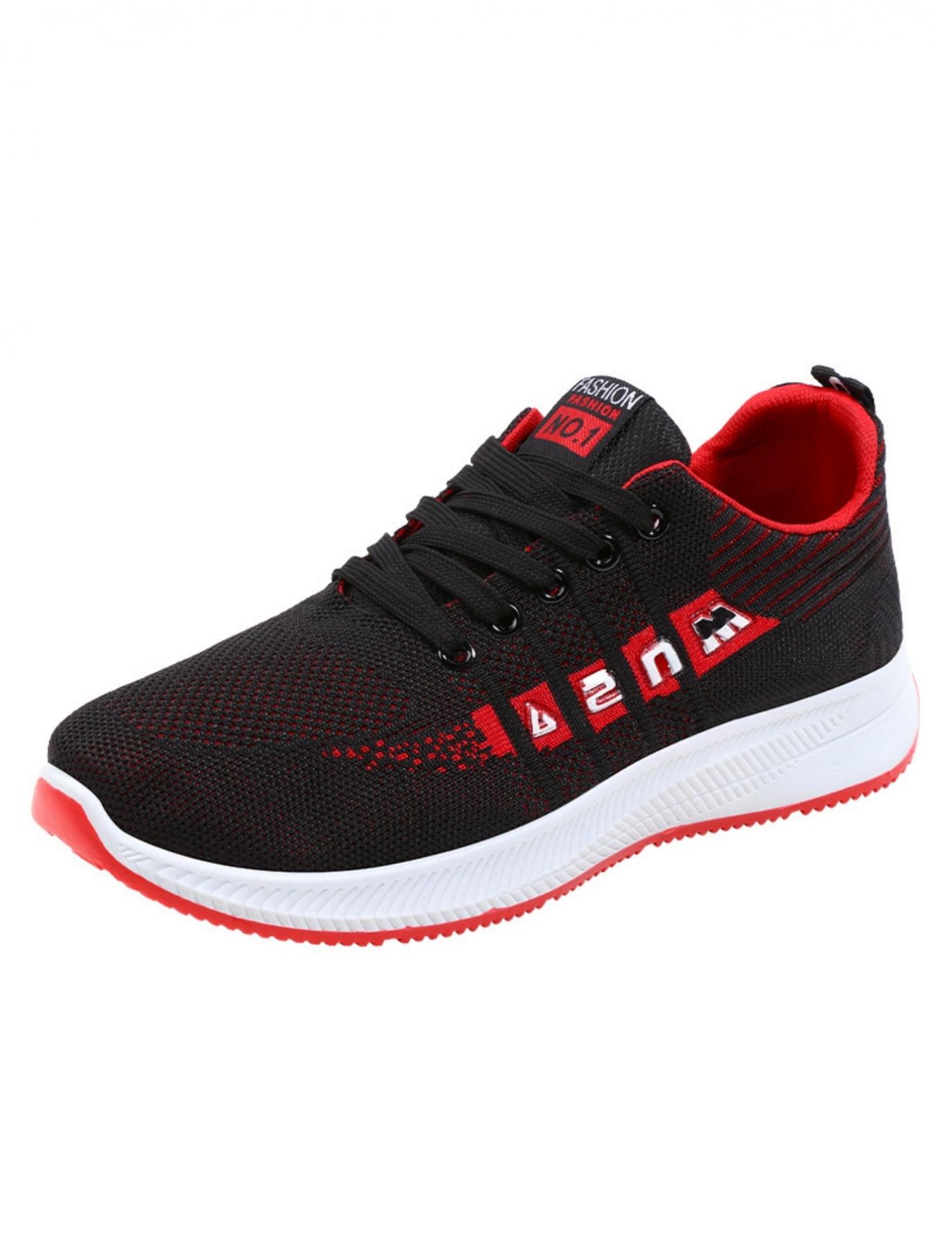 Men's casual sports shoes, made of breathable and comfortable mesh material, with stylish and eye-catching labels, personalized letter decoration design, simple and contrasting red border lines, suitable for daily wear and easy travel
