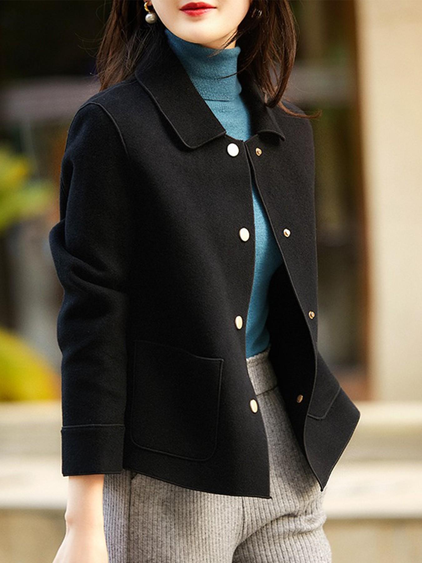 Women's Solid Button Front Pocket Pea Coat Jackets, Elegant Long Sleeve Collared Outerwear for Spring & Fall, Ladies Clothes for Daily Wear