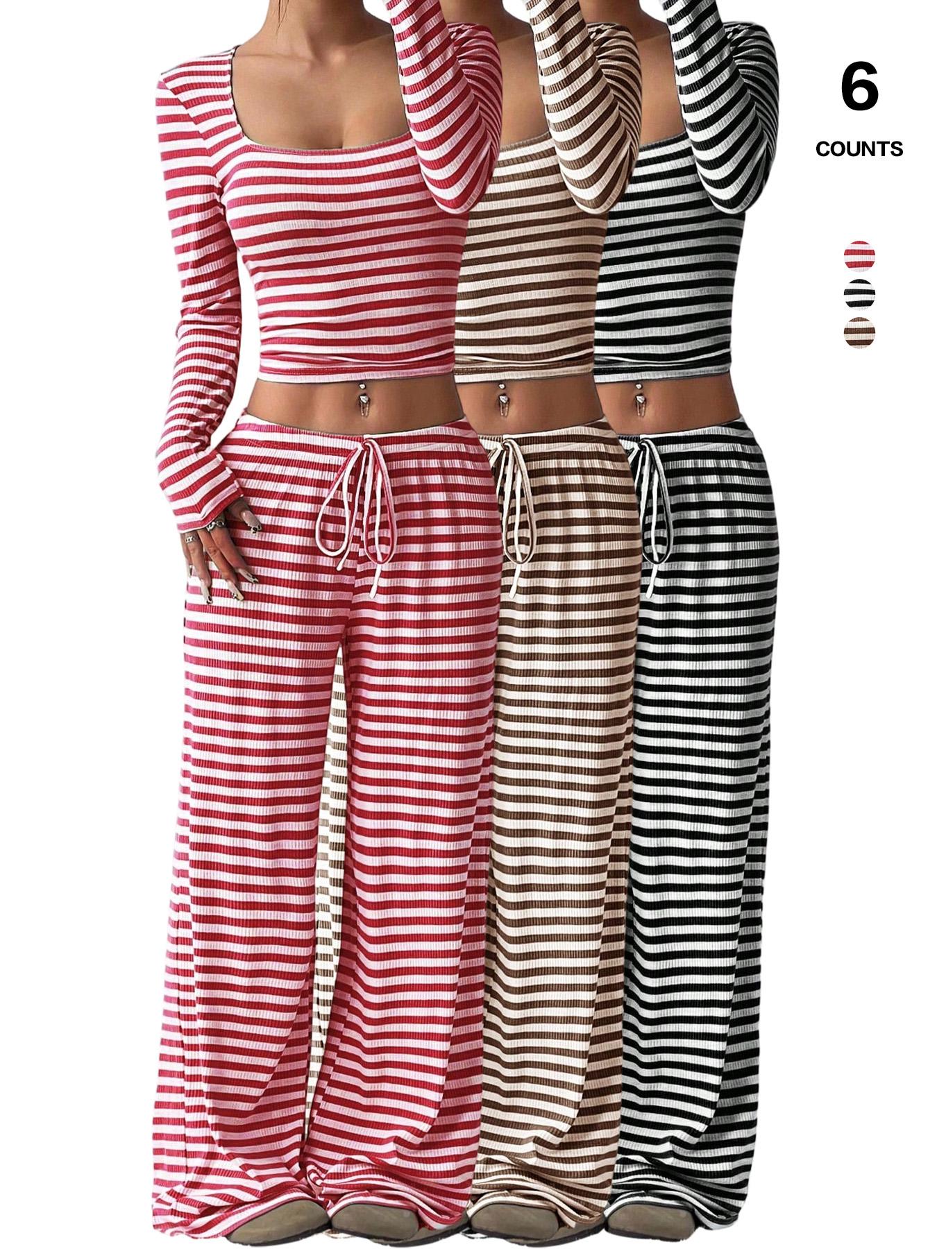 2026 Women's 2 Piece Y2K, Striped Ribbed Knit Long Sleeve Square Neck Crop Top, High Waist Drawstring Wide Leg Pants Loungewear Set