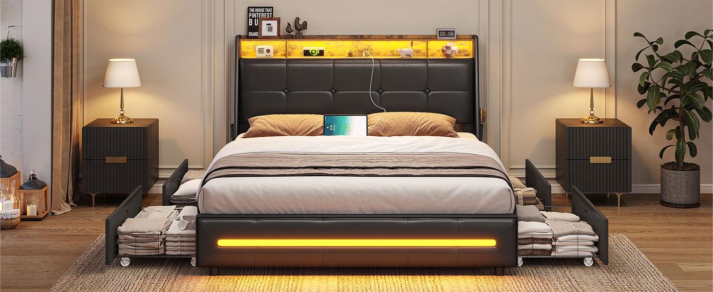 Sikaic 4 Storage Drawers LED Bed Frame with Charging Station Black Furniture Home Modern Interior Upholstered Platform