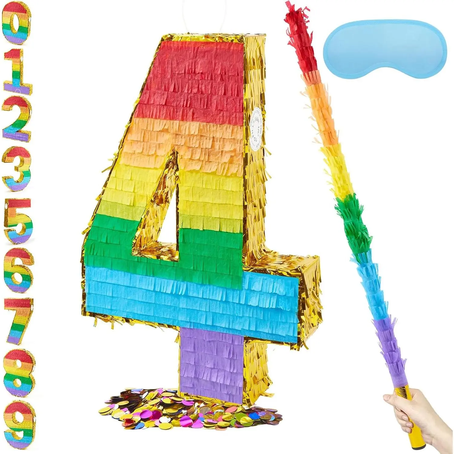 20 Inch Number 4 Rainbow Piñata with 30 Inch Piñata Stick Blindfold Confetti for Boys Girls Adults Birthday Party Decorations Anniversary Celebration Fiesta