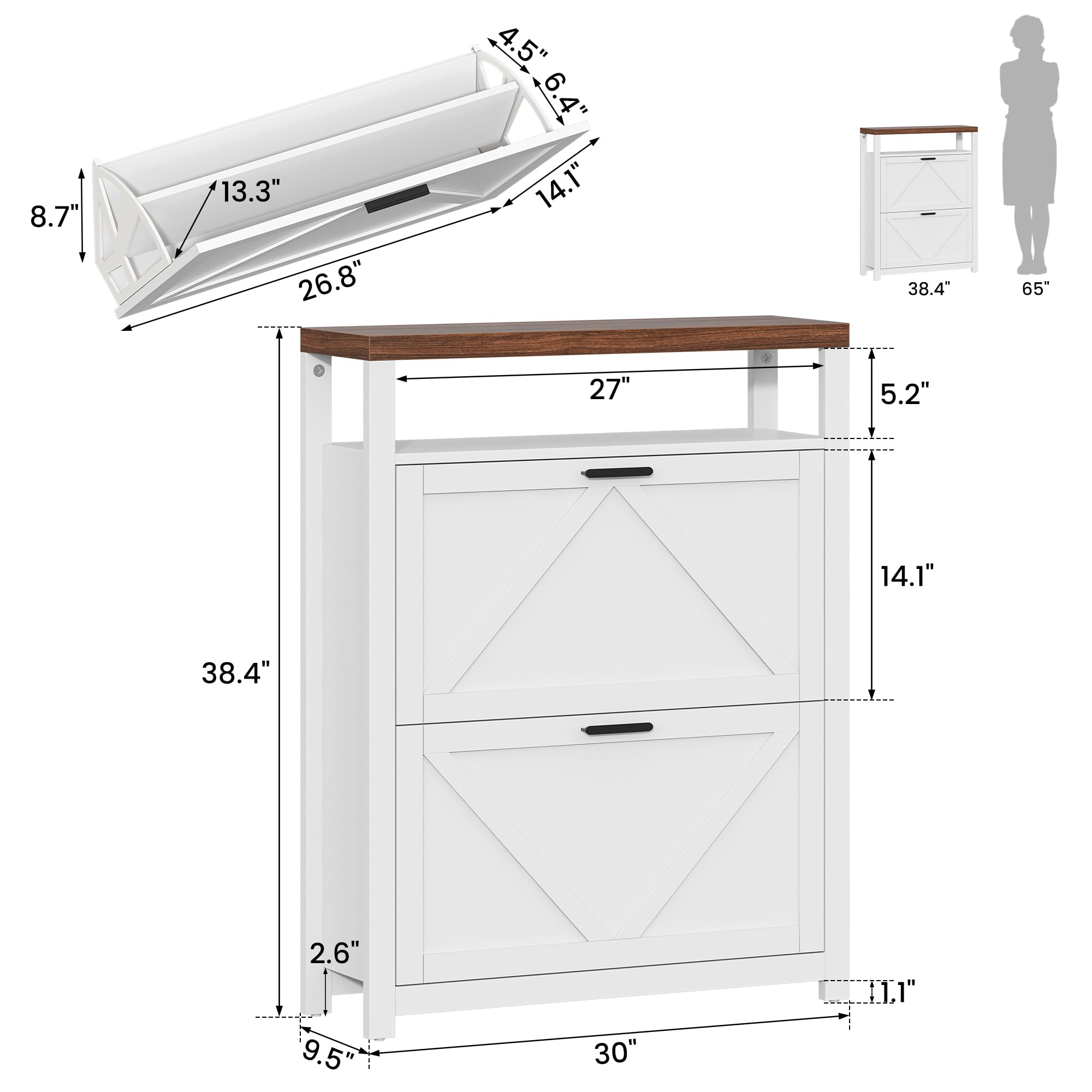 4 Tires Farmhouse Shoe Organizer with Open Storage Shelf & Barn Door, Shoe Storage Cabinet with 2 Flip Drawers, Adjustable or Removable Freestanding Hidden Narrow Shoe Rack for Foyer