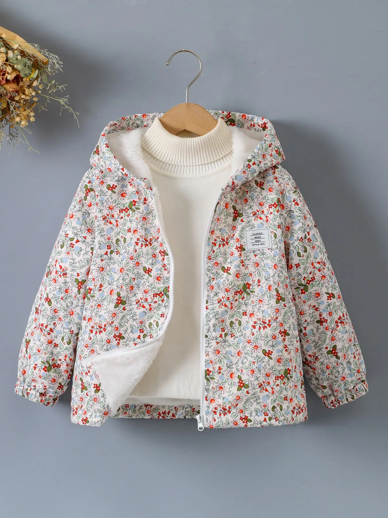 Girls' Vintage Floral Hooded Jacket, Fall Winter Fleece Lined Warm Zipper Coat, Kids Casual Windproof Flower Print Outerwear, Daily Wear