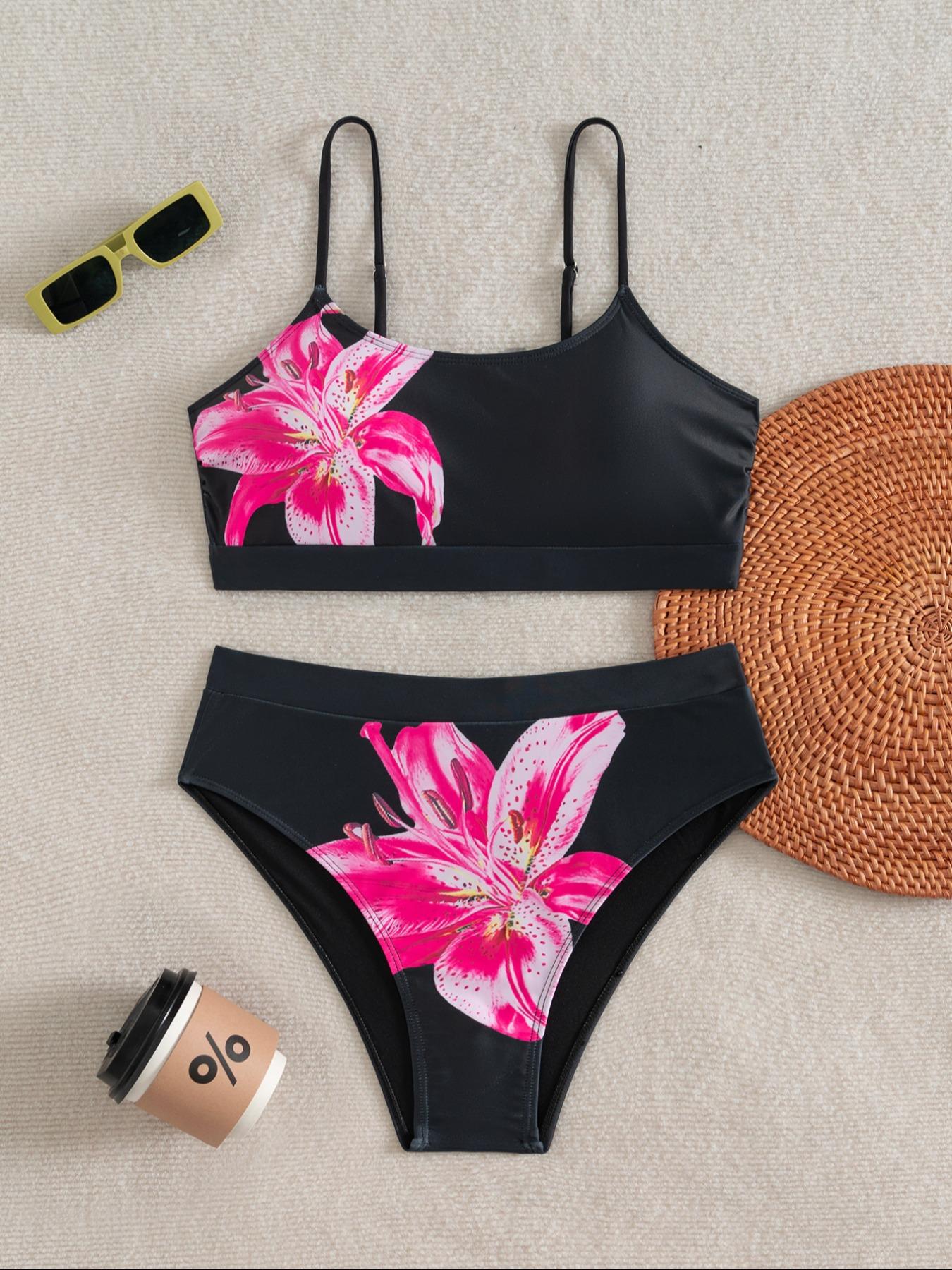 Two-Piece Set Women's Plain Ribbed Bikini Set, Basic Adjustable Strap Bikini Top & High Waist Swim Knicker, Summer Outfits 2024, Women's Swimwear For Beach Holiday