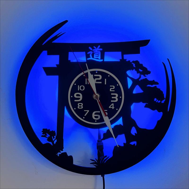 Art Deco Japanese Bonsai Tree Torii Gate Vinyl Record Wall Clock 7 Color LED Lights Indoor Outdoor Elegant Decor (Battery Not Included)