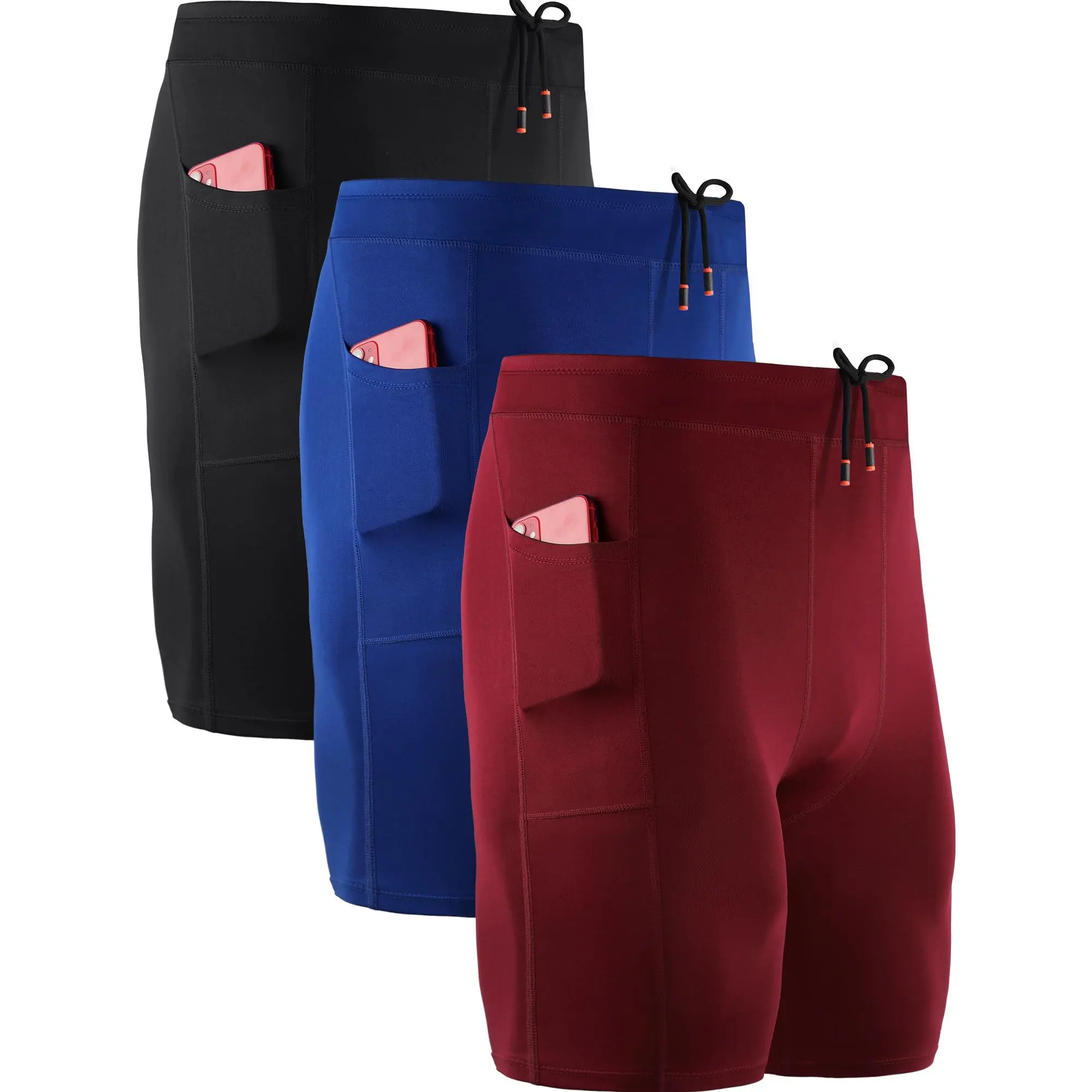 NELEUS Men's 3-Pack Quick-Dry Poly-Spandex Compression Shorts - 360 Stretch, Fitted Above Knee, Pockets, All-Season Fitted Cut, for Running, Cycling, Gym Workouts