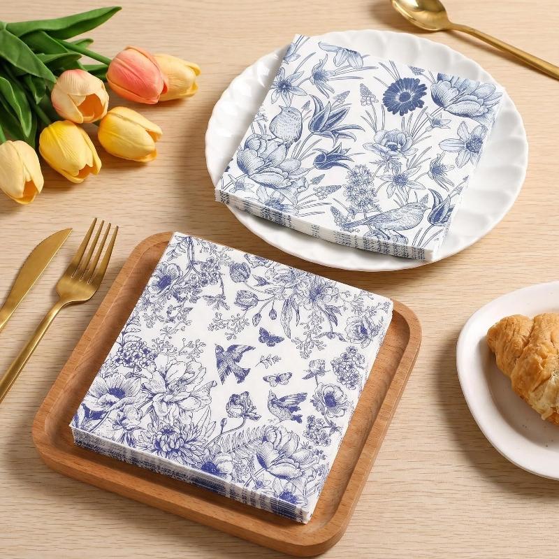 Blue Floral Bird Pattern Napkins, 2 Packs (20 Sheets/pack), Traditional Style Disposable Napkins for Wedding Party Decorations