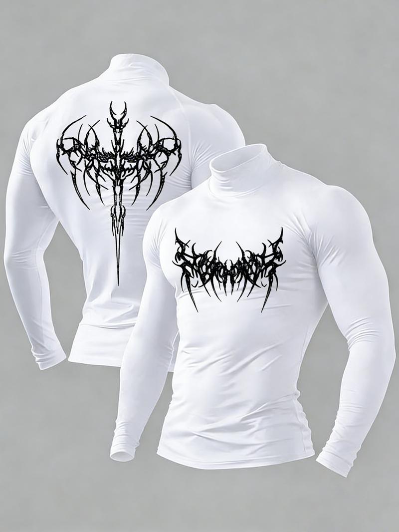 Y2K Cyber Goth Compression Shirt Men | High Neck Quick-Dry Long Sleeve | Gym Workout & Streetwear | Moisture-Wicking Performance Top with Metal Band-Inspired Graphic | Edgy Aesthetic Fitness Wear Compression Workout Shirts