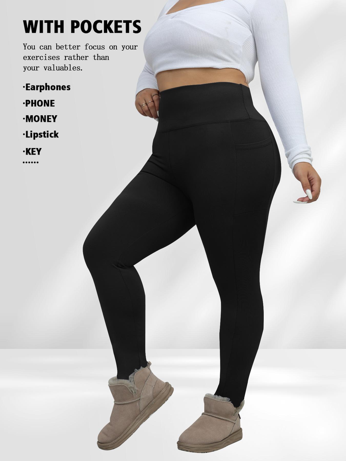 Women's Plus Size High-Waist Fleece-Lined Leggings, Thermal Stretchy Winter Pants with Pockets, Warm for Daily Wear