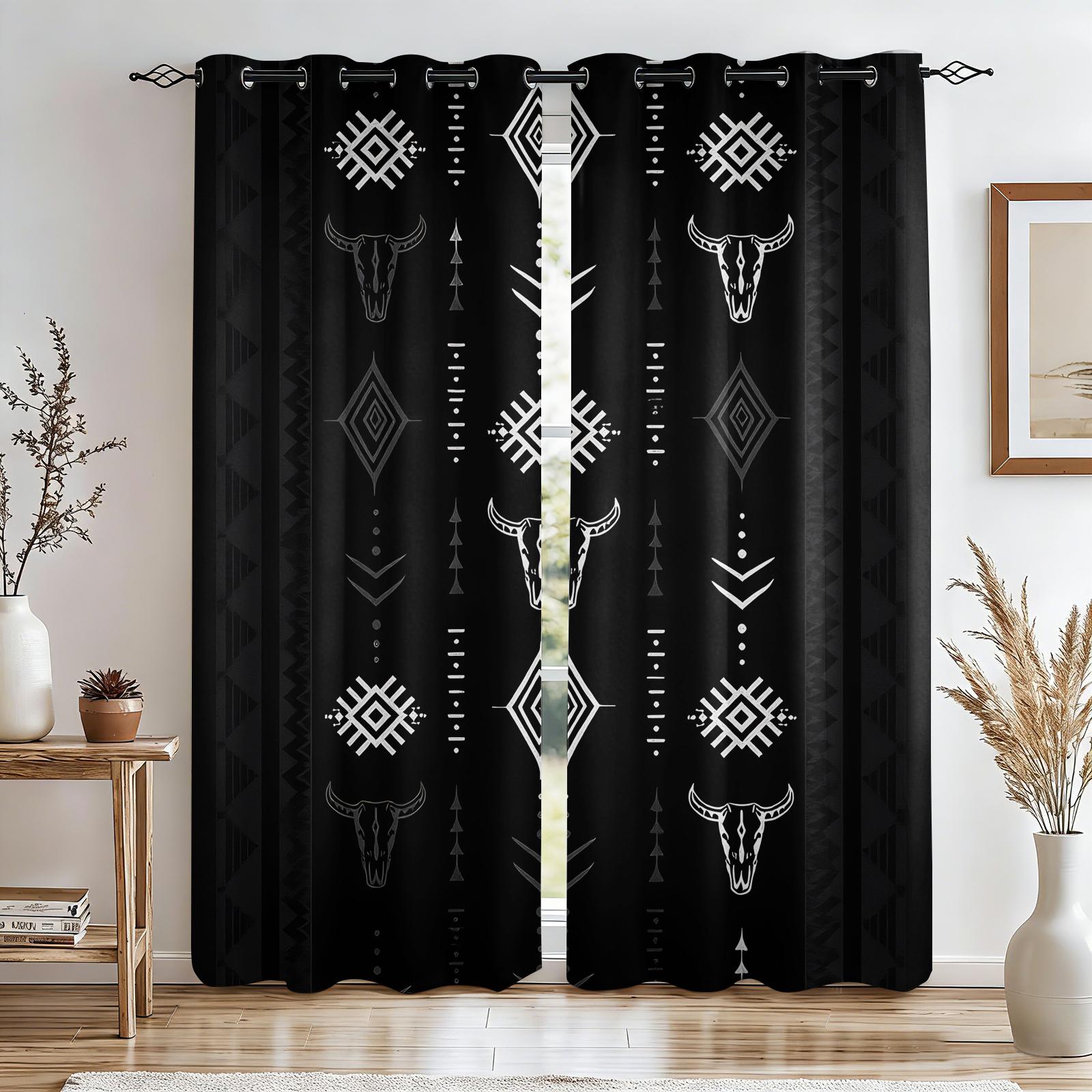 2 Panels Tribal Bull Skull Aztec Blackout Curtains Sun Blocking Noise Reducing Window Treatments with Black White Southwestern Pattern for Bedroom Living Room Office Dorm Rustic Western Boho Room Decor