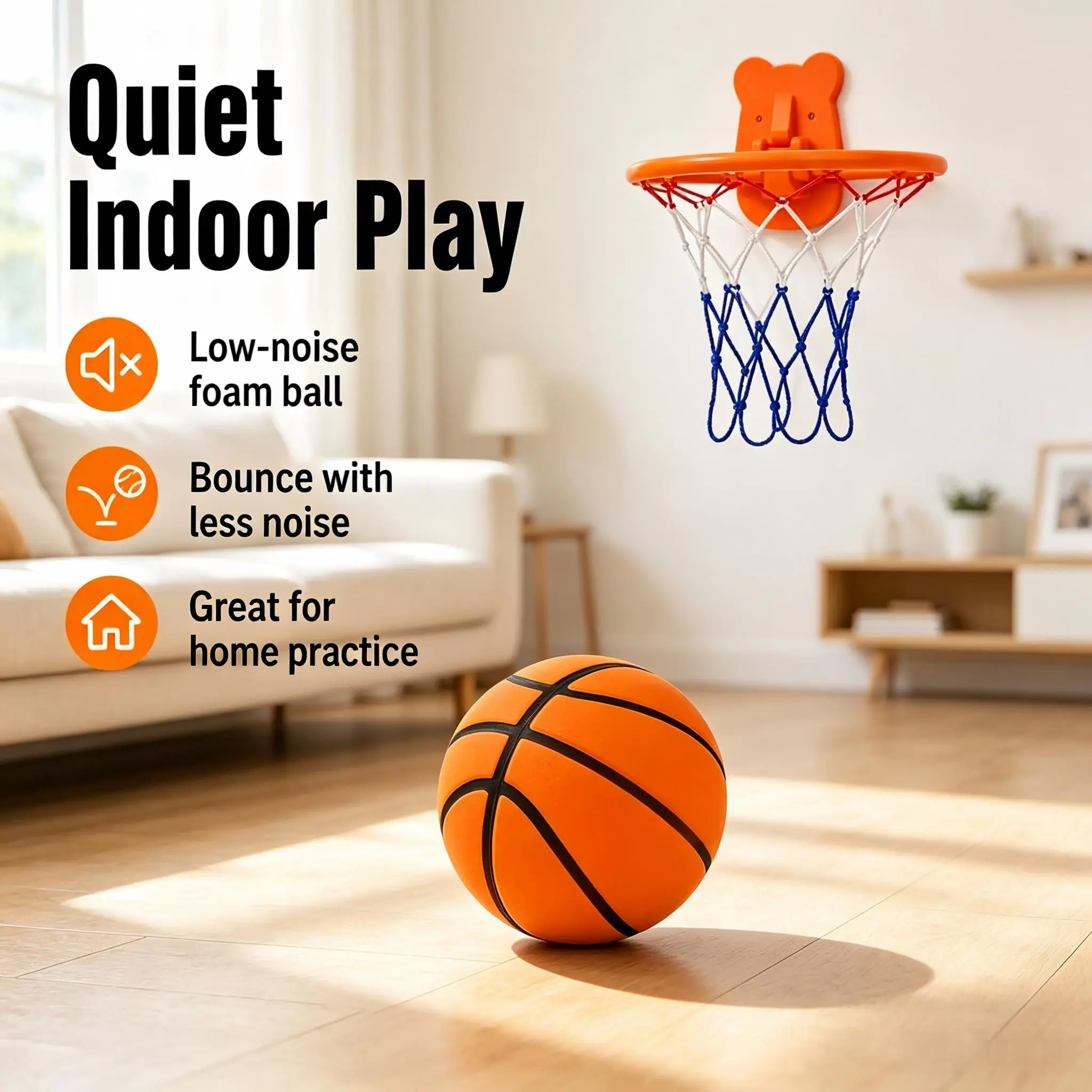 Silent Indoor Basketball Set – Low-Noise Rebound Ball & Hoop, Quiet Practice Basketball for Noise-Free Training, Noiseless Rebounder for Apartment, Home, Office & Indoor Play – Sports Equipment for Kids & Adults