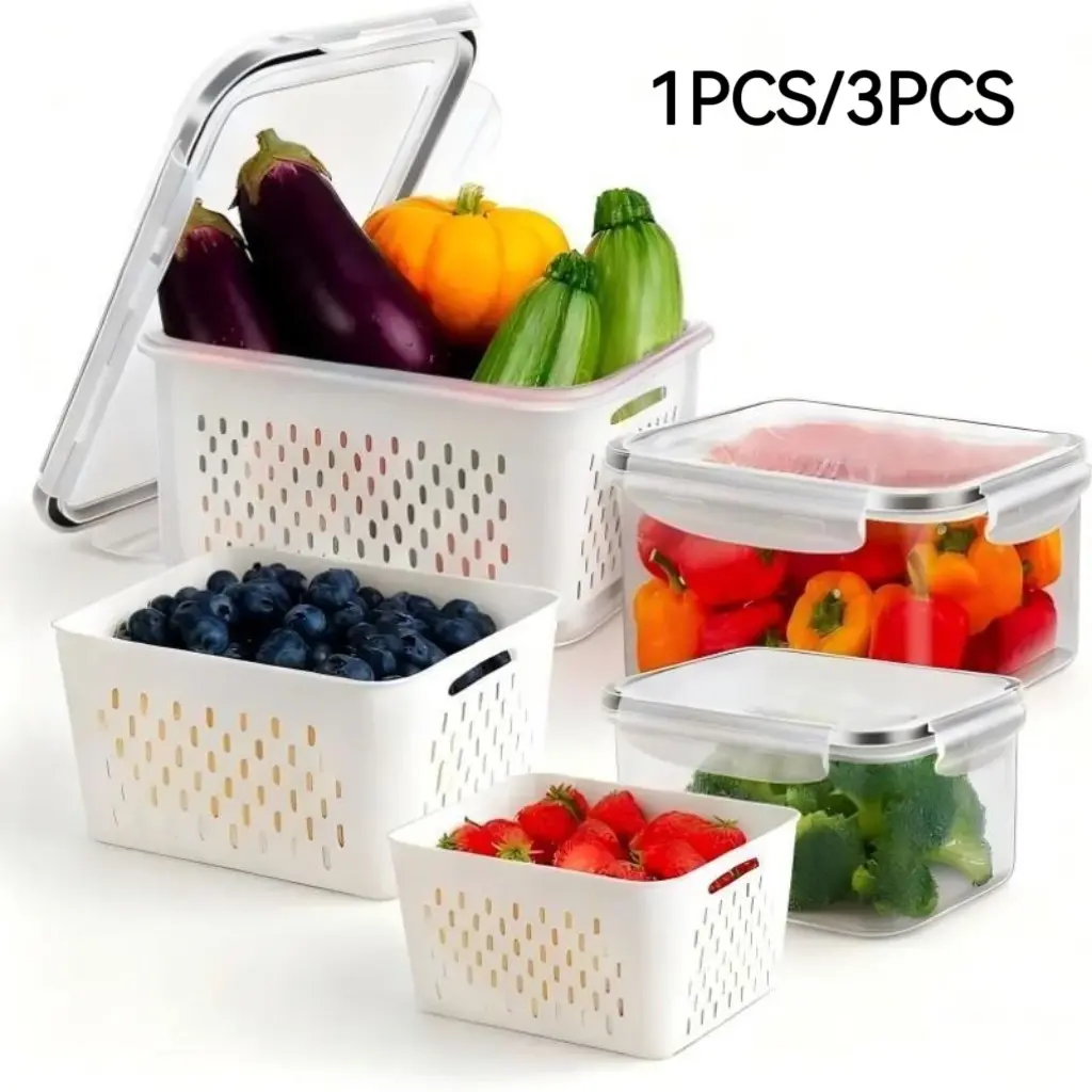 Refrigerator Fruit Storage Container Set, Detachable Filter, BPA-Free, Extend Freshness, Stackable, Leak-Proof, Kitchenware, Rural Style