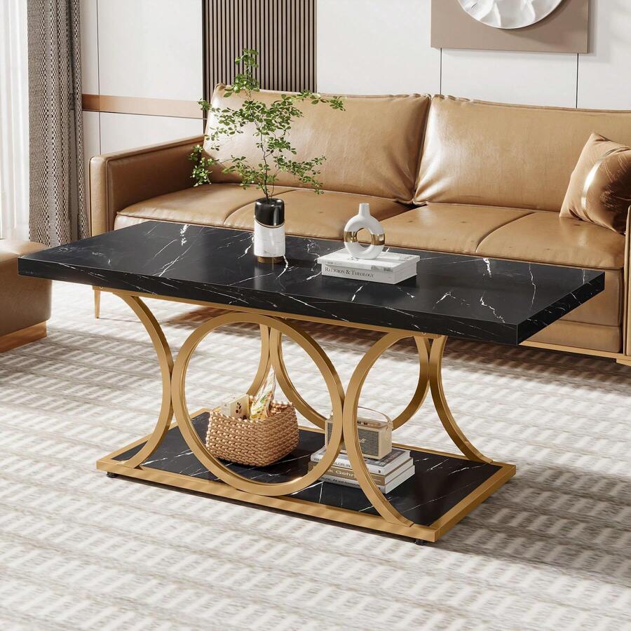 47.24 Inch 2-Tier Faux Marble Coffee Table, Irregular MDF Center Table with Gold Geometric Metal Legs, Waterproof Scratch Resistant Coffee Table with Open Storage Shelf, Easy Assembly Modern Home Furniture for Living Room Apartment 47.24 Inch 2-Tier Faux Marble Coffee Table, Irregular MDF Center Table with Gold Geometric Metal Legs, Waterproof Scratch Resistant Coffee Table with Open Storage Shelf, Easy Assembly Modern Home Furniture for Living Room Apartment