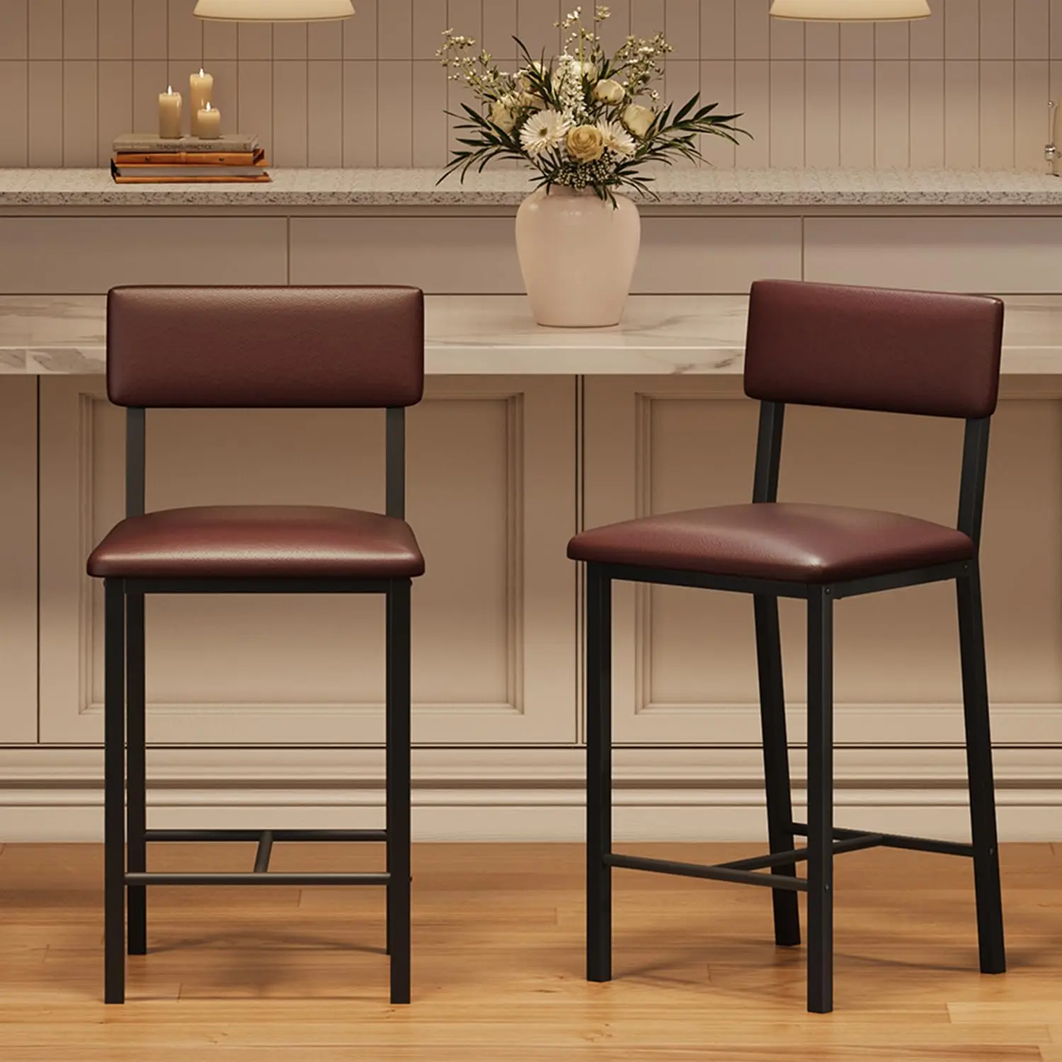 Set of 2 Upholstered Counter‑Height Bar Stools, Backrest and Footrest Design, Thick Cushions, Heavy‑Duty Metal Frame, for Kitchen Island, Dining Room & Apartment Bar, Black / Dark Brown