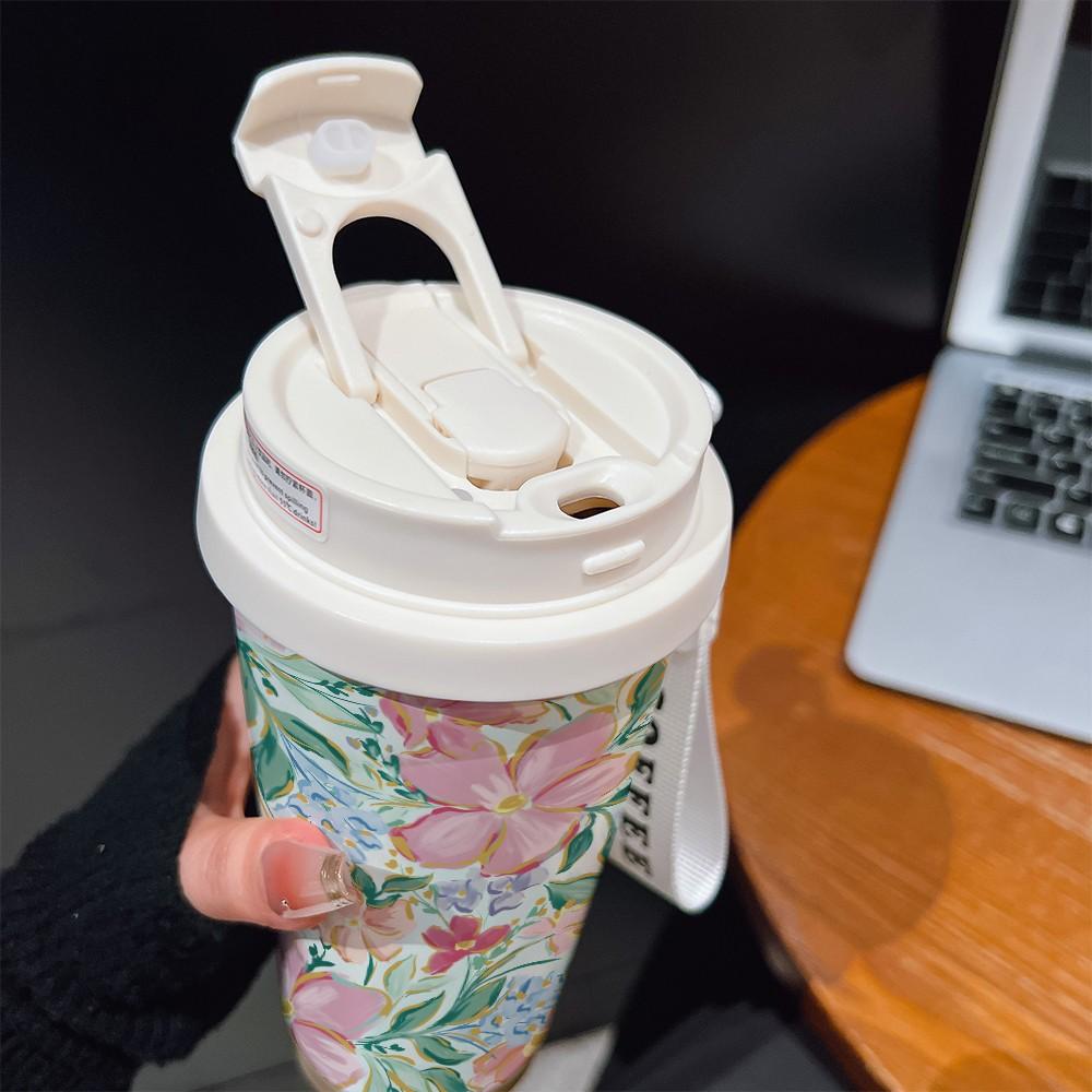 Abstract Hand-Painted Lotus Coffee Cup, Portable Dual Drink Insulated Tumbler, Keeps Hot/cold, Boho Style, Ideal for Office, Travel, Sports