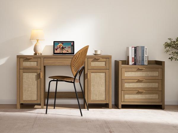 SICOTAS Rattan Vanity Home Office Desk - 52" Large Farmhouse Boho Makeup Vanity Dressing Table with 3 Drawers & 2 Storage Cabinets,  Vanities Desk for Makeup Room, Home Office, Natural Oak