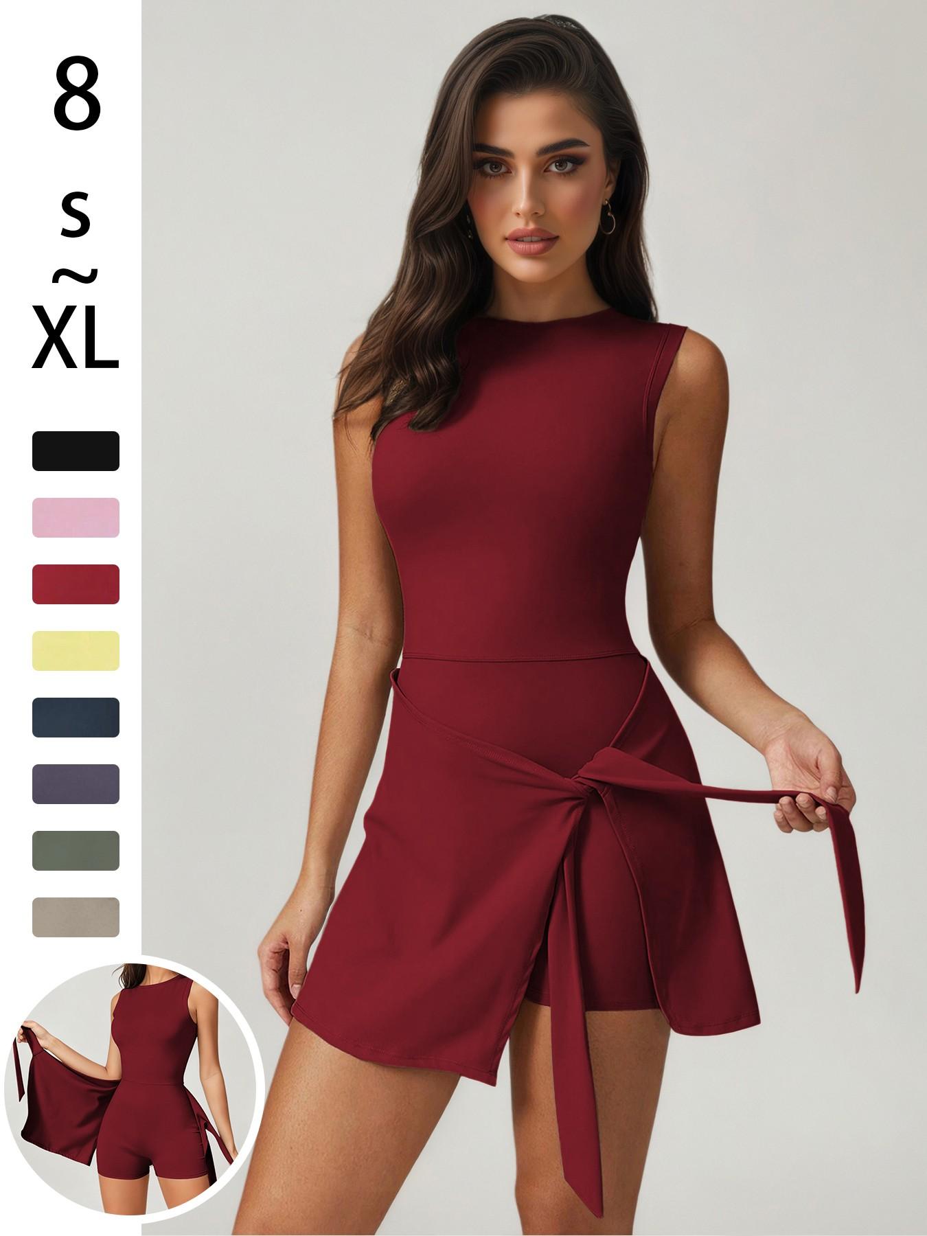 Women's Sporty Jumpsuit Dress Set, High Elasticity Yoga, Comfortable Fitted Fitness Commute Wear, All-Season Casual Outdoor Clothing, Sleeveless Athletic Dress, Sleeveless Sports Dress