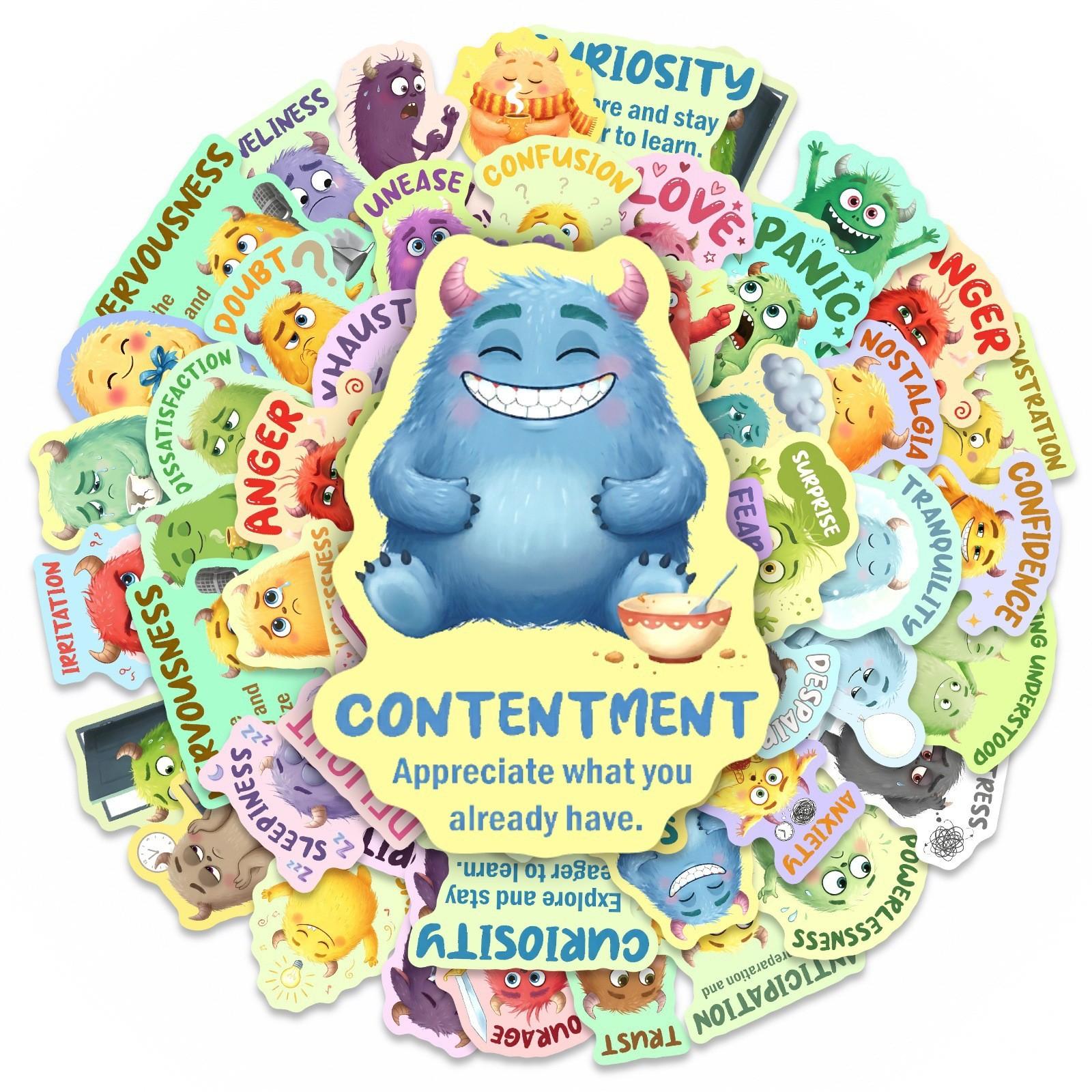 50 Sheets Emotion Recognition Monster Stickers, Mental Health Education Text Stickers, Waterproof DIY Scrapbook Material