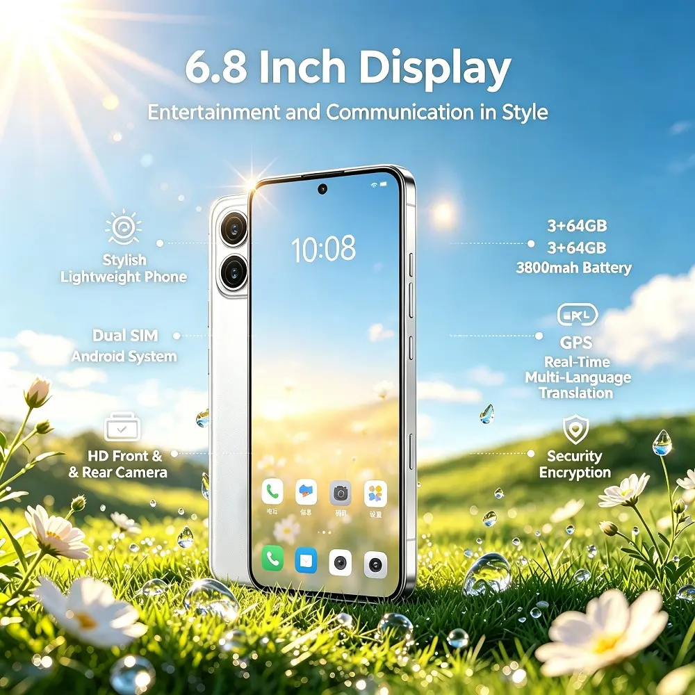 6.8 Inch HD Full Screen Smartphone, 3+64GB Memory, Dual Sim, Android Os, 3800mah Battery, GPS, Multilingual Translation, Privacy Security