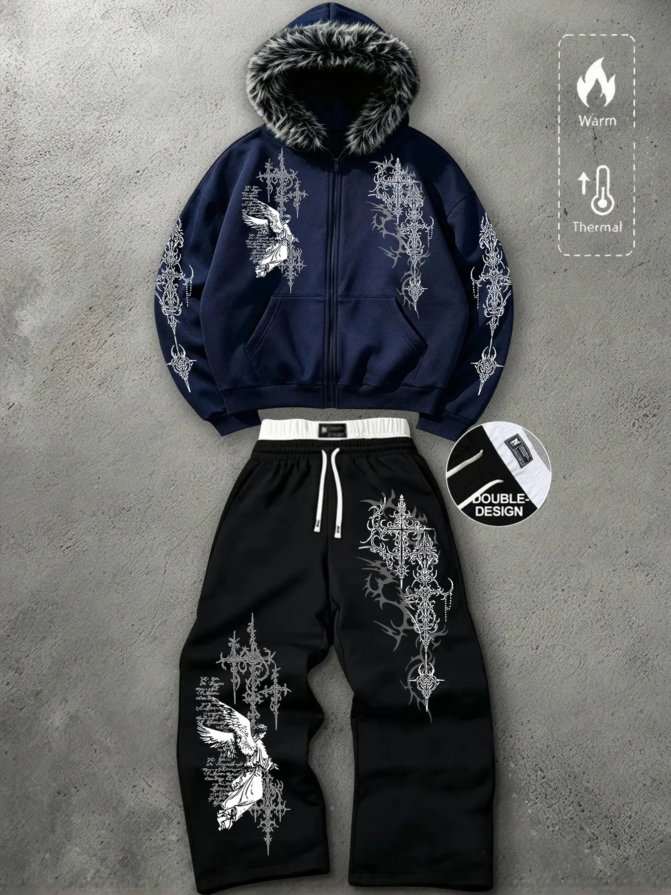 Men's Fall Winter New Arrival Set, Angel Thorns Graphic Print Hoodie Jacket + Drawstring Double Layer Waist Loose Fit Pants, Trendy Warm